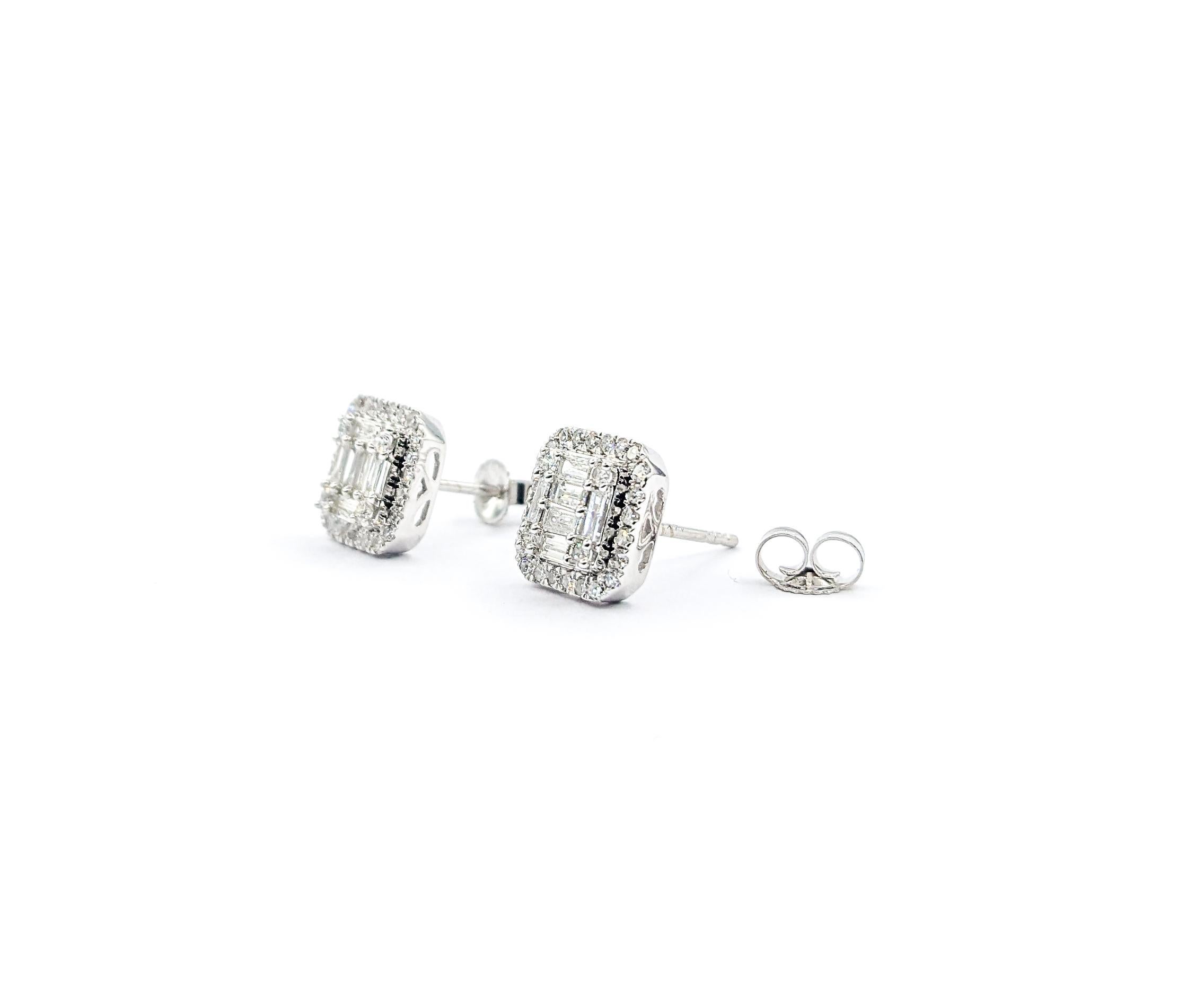 Baguette Cut .72ctw Diamond Stud Earrings In White Gold For Sale