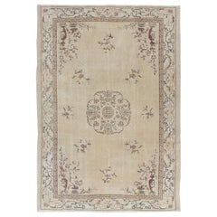 7.2x10.4 ft Handmade Art Deco Chinese Rug in Beige. Vintage Sun Faded Carpet