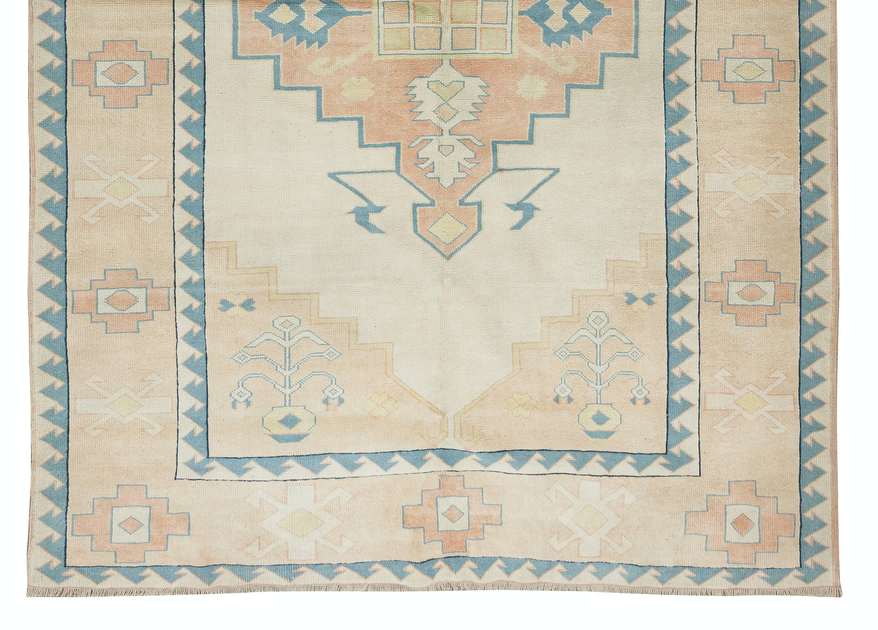 7.2x10.6 Ft Handmade Vintage Turkish Oushak Area Rug, Geometric Design Carpet In Good Condition In Philadelphia, PA