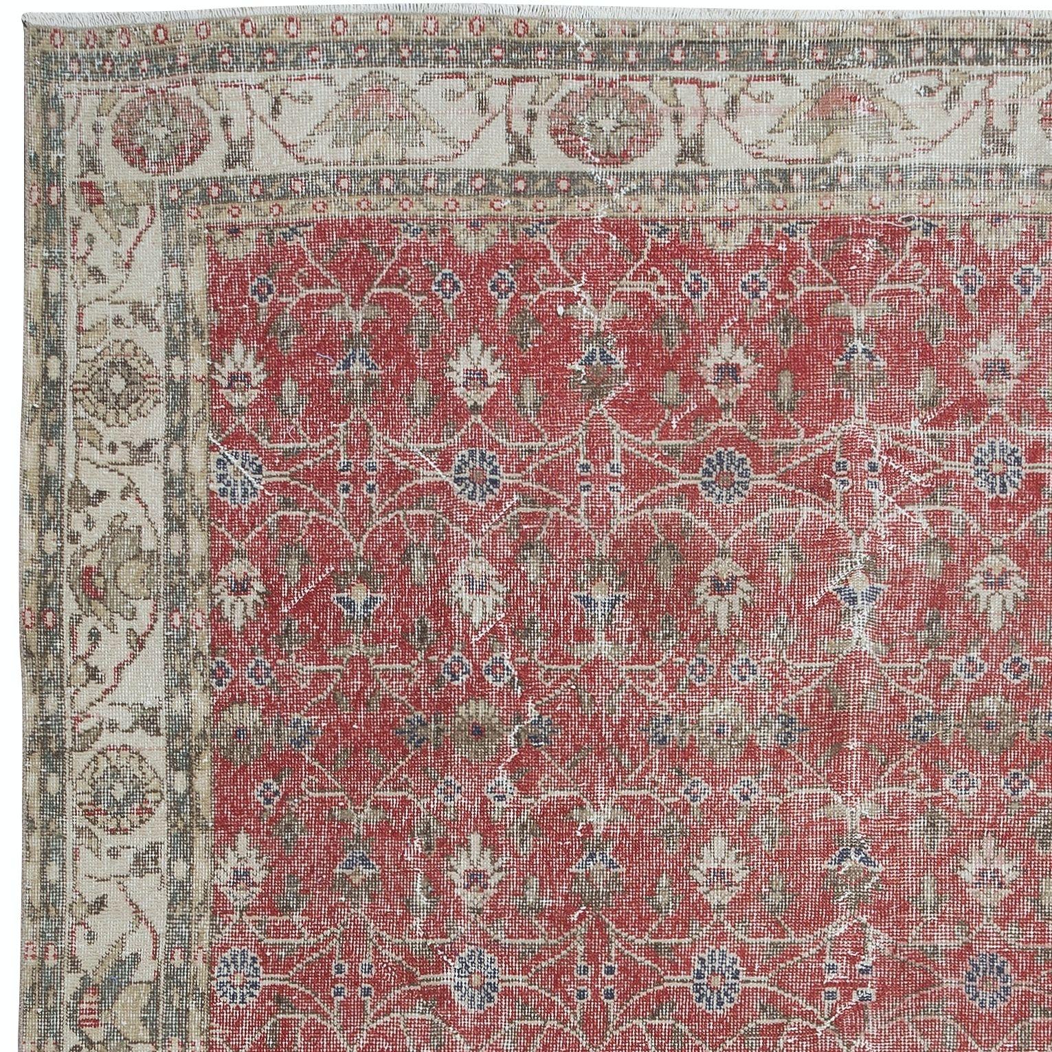 Tribal 7.2x10.6 Ft Vintage Handmade Turkish Rug in Red & Beige with Flower Design For Sale