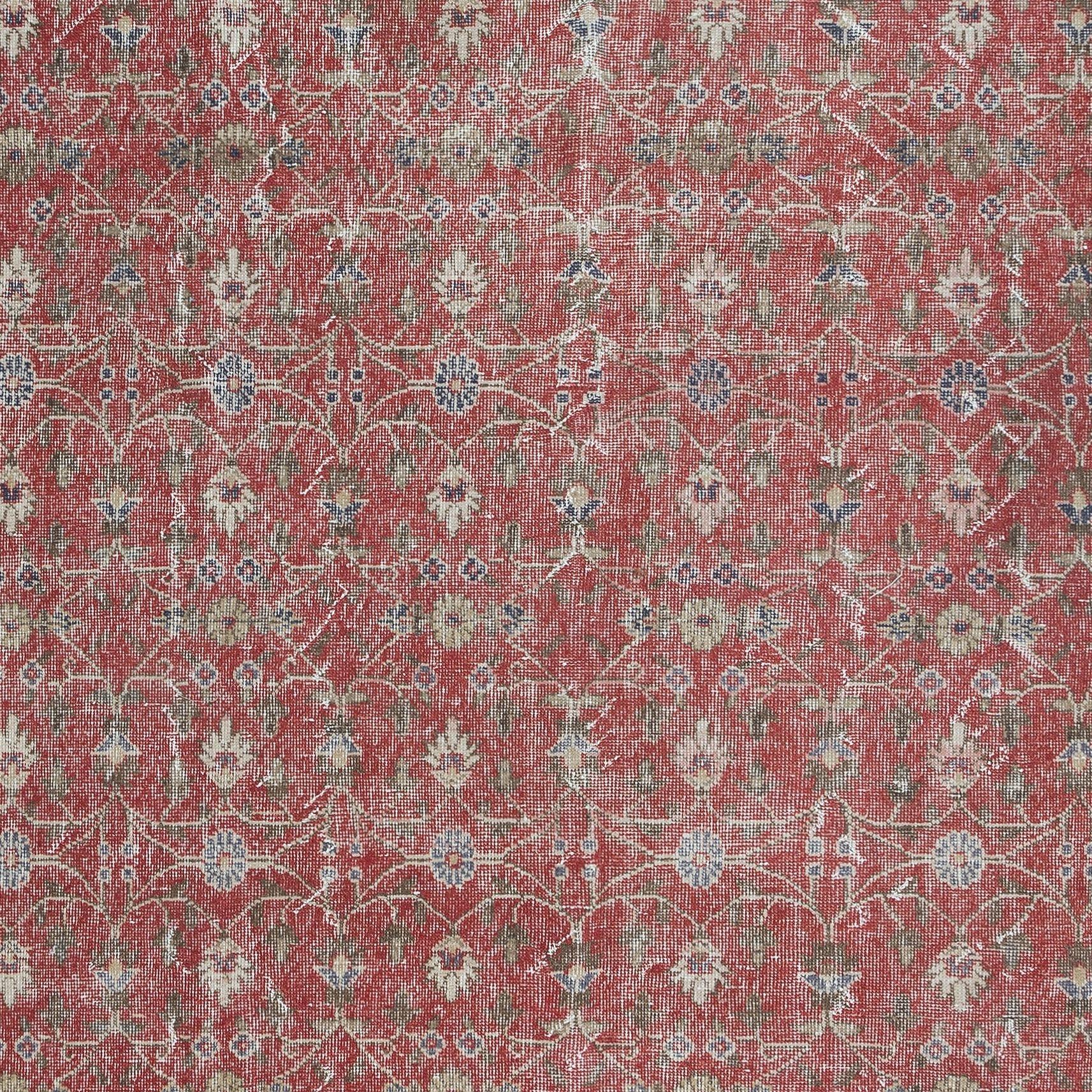 Hand-Knotted 7.2x10.6 Ft Vintage Handmade Turkish Rug in Red & Beige with Flower Design For Sale