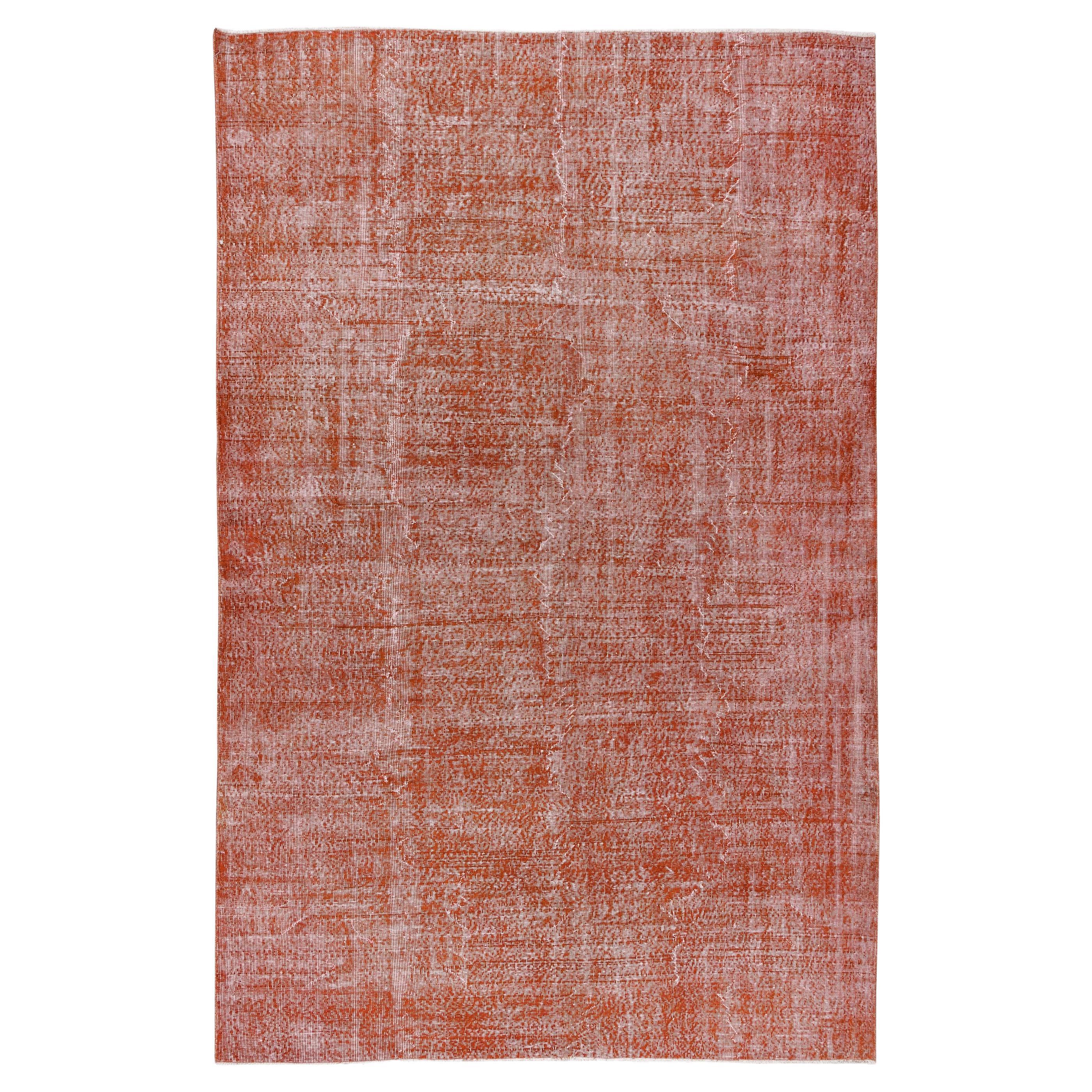 7.2x10.7 Ft Vintage Handmade Turkish Wool Area Rug, Plain Orange Modern Carpet For Sale