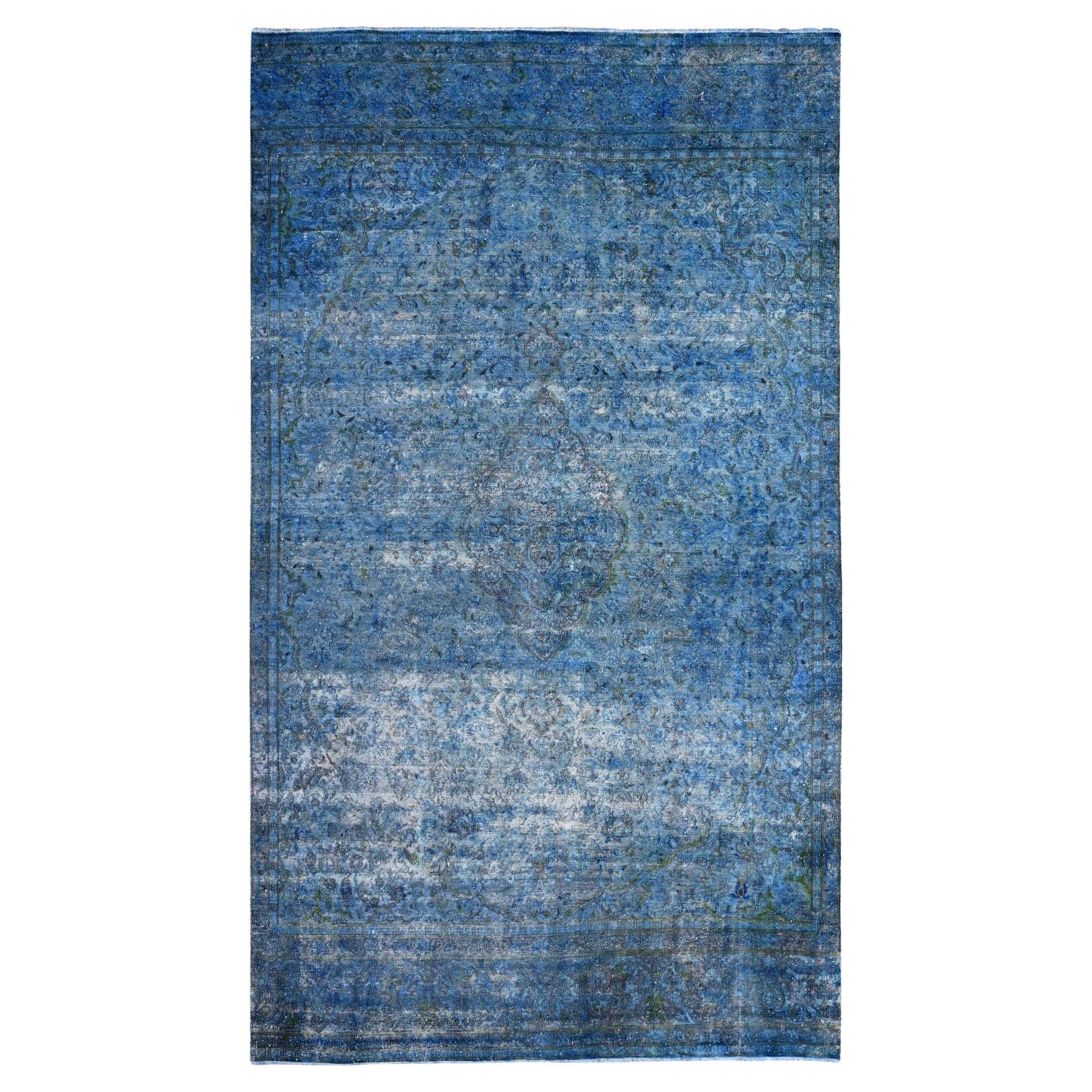 7'2"x12'5" Blauer persischer Kerman-Teppich aus handgeknüpfter, überzogener, gewölbter, gerahmter Wolle, Vintage