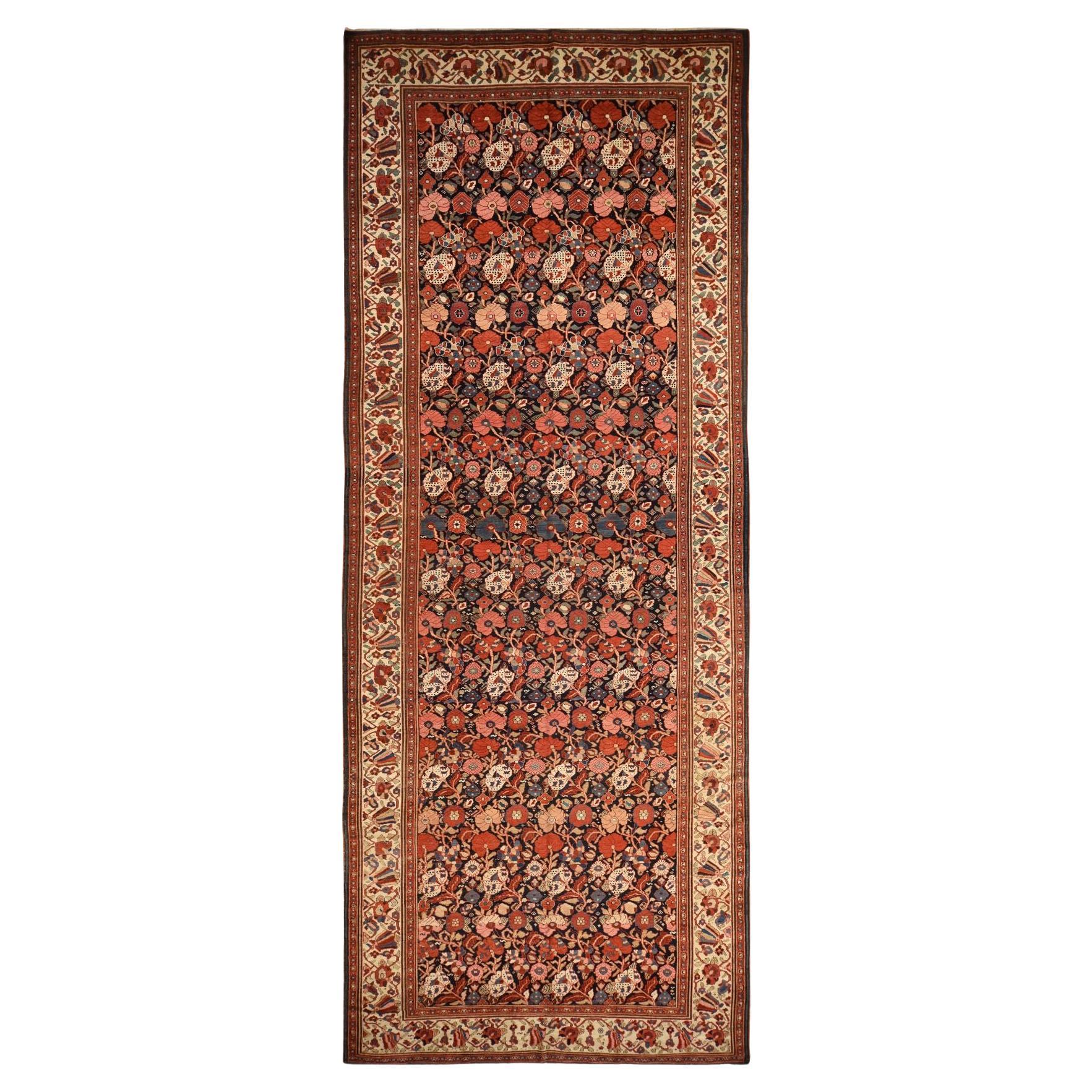 7'2"x19'3" Midnight Blue Repetitive Botanical Design Hand Knotted Wool XL Rug For Sale