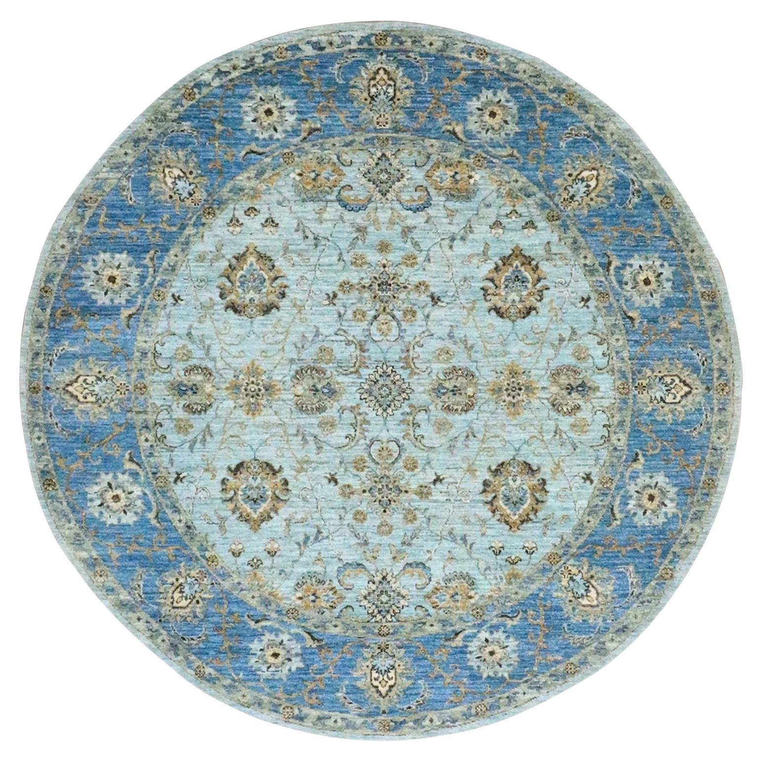 7'2"x7'2" Powder Blue Agra Shah Abbas Flower Design Hand Knotted Wool Round Rug