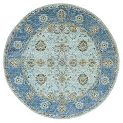 7'2"x7'2" Powder Blue Agra Shah Abbas Flower Design Hand Knotted Wool Round Rug