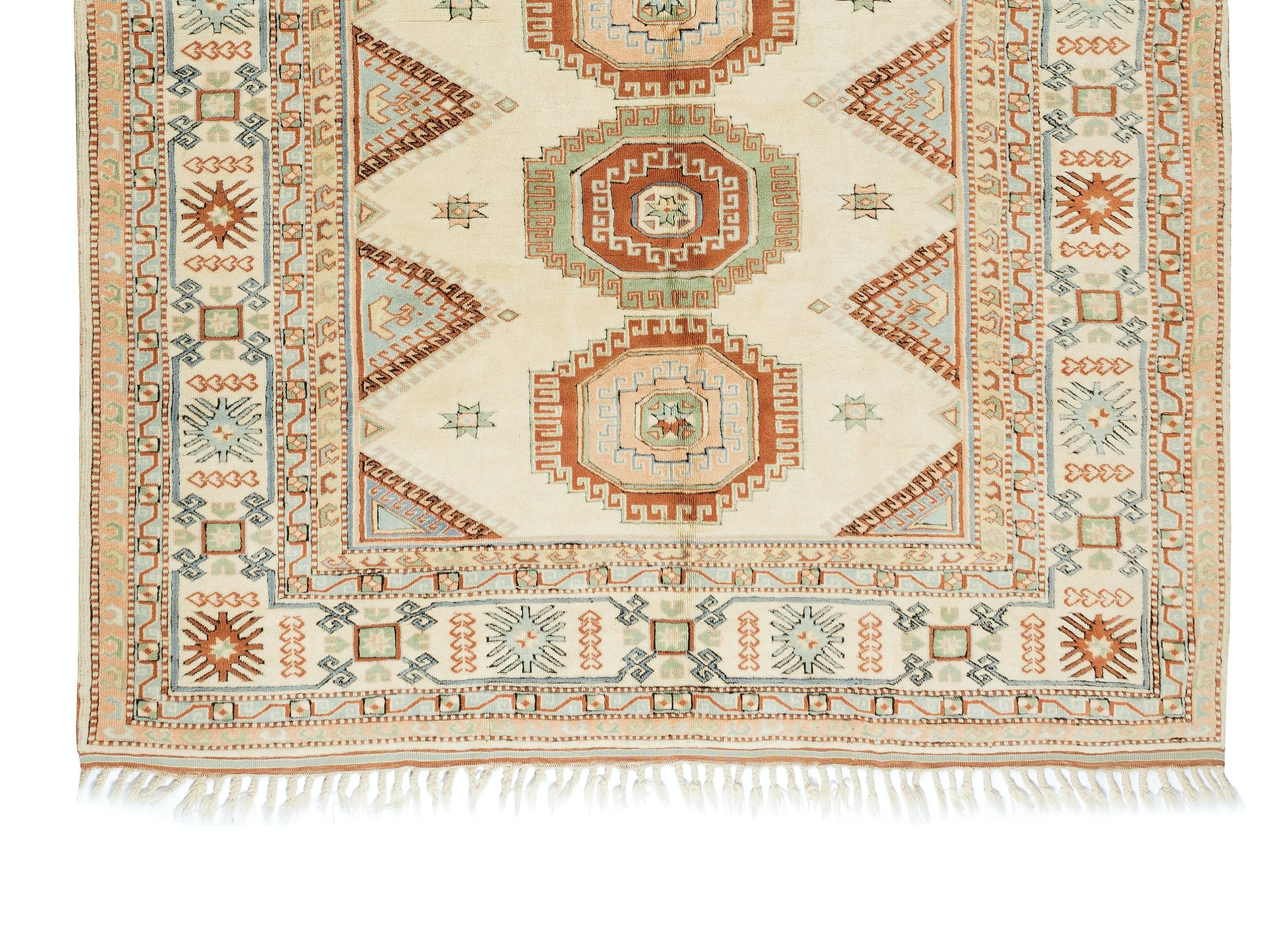 Tribal 7.2x9.2 Ft Turkish Handmade Unique Rug, Vintage Carpet with Geometric Design For Sale