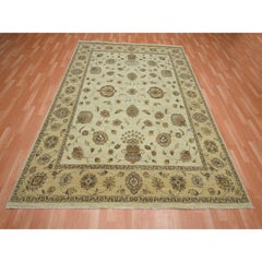 7'2"x9'4" Ivory Agra with Ziegler Design Leaf Pattern Hand Knotted Pure Wool Rug
