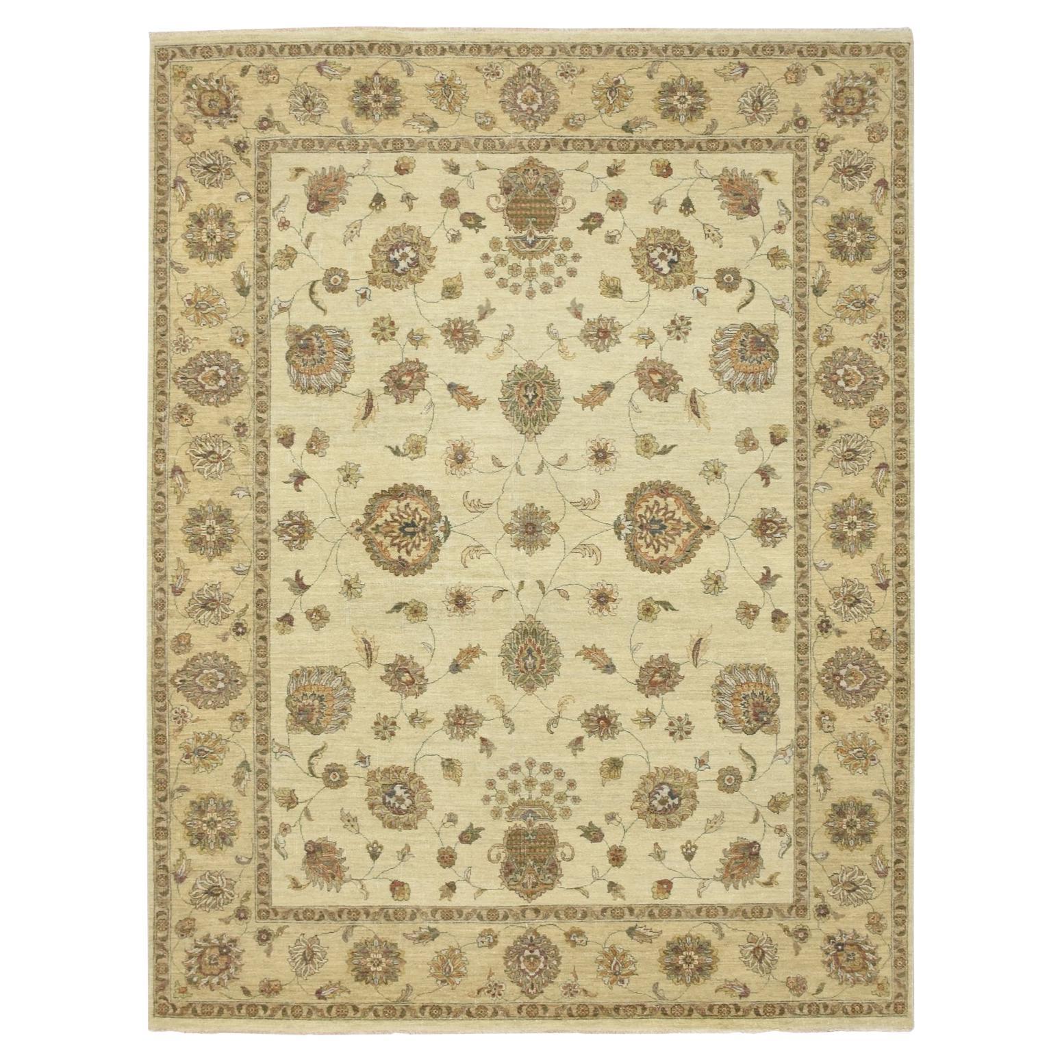 7
2 "x9
4" Ivory Agra with Ziegler Design Leaf Pattern Hand Knotted Pure Wool Rugs (Tappeto in pura lana annodato a mano)