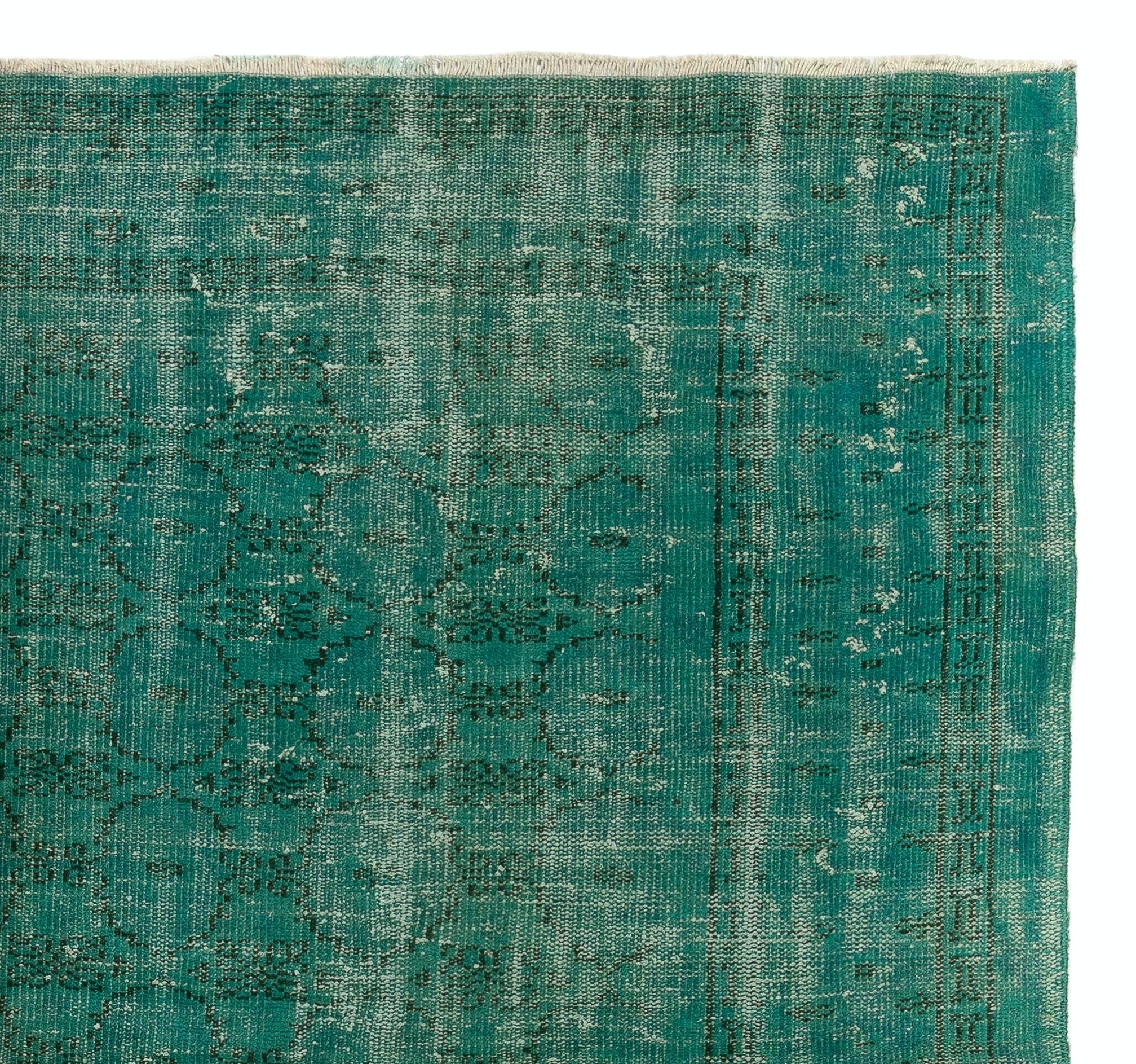 Hand-Woven 7.2x9.6 Ft Distressed Vintage Turkish Rug Re-Dyed in Teal Color for Modern Homes
