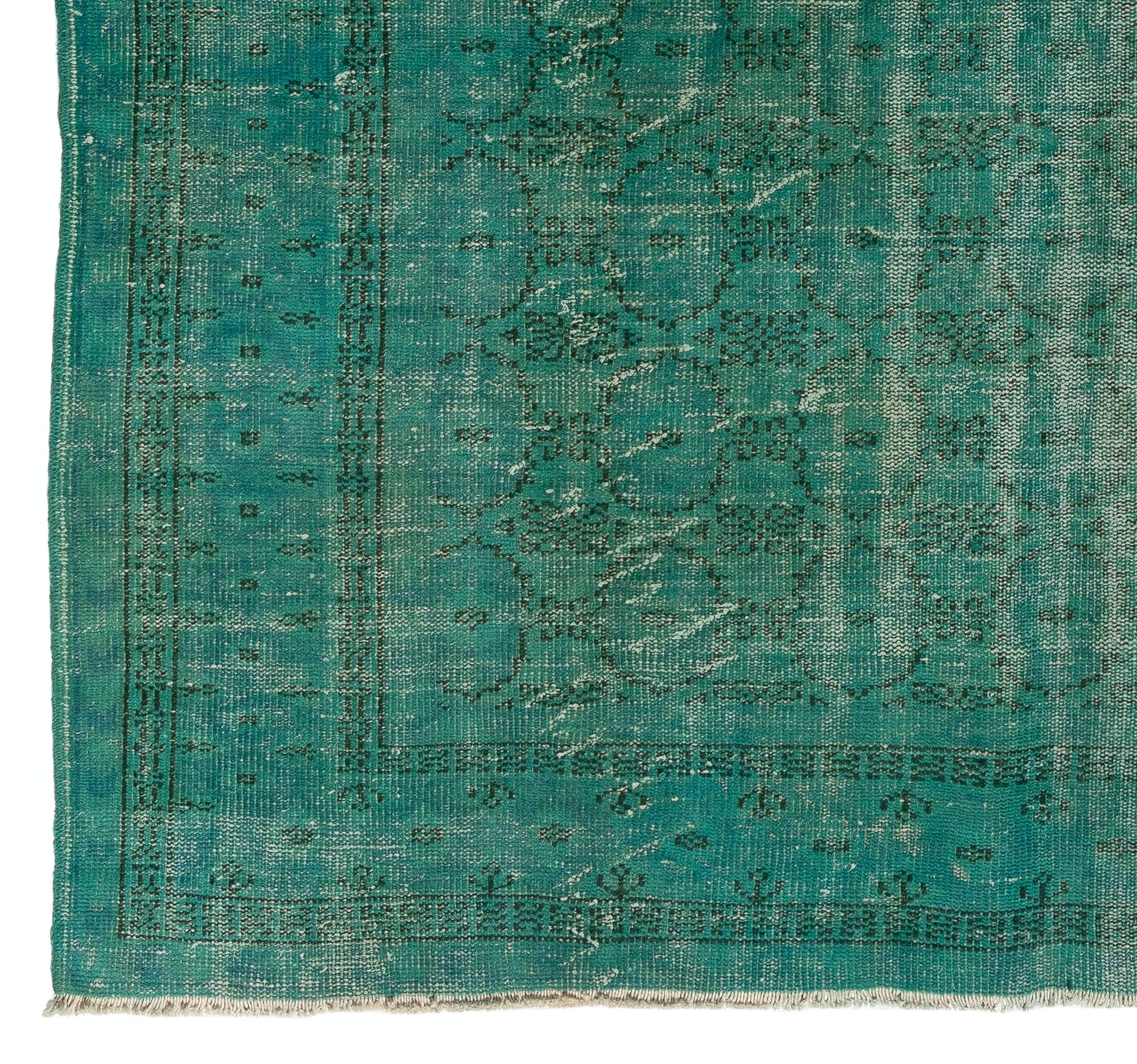 Mid-20th Century 7.2x9.6 Ft Distressed Vintage Turkish Rug Re-Dyed in Teal Color for Modern Homes