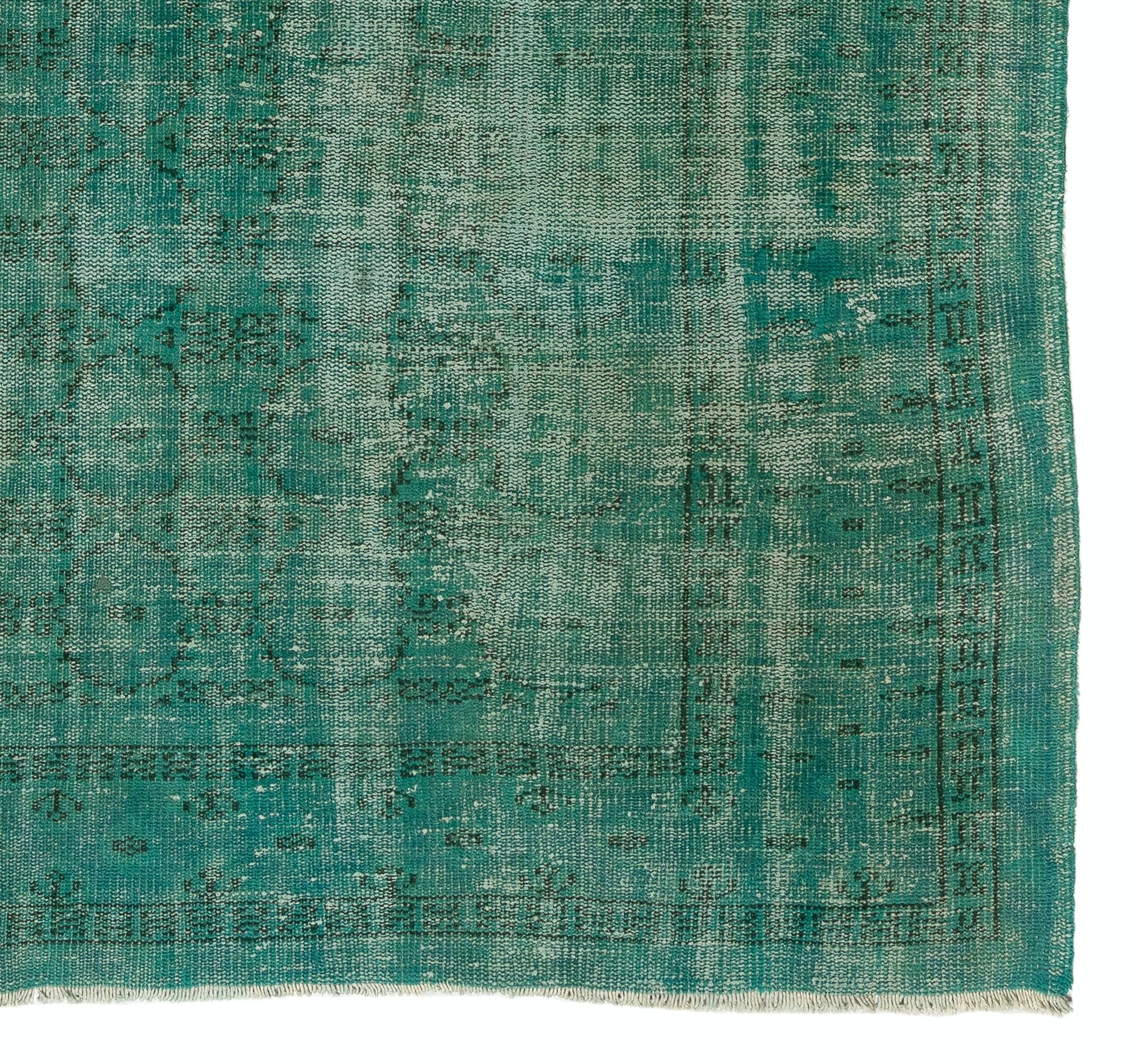 Wool 7.2x9.6 Ft Distressed Vintage Turkish Rug Re-Dyed in Teal Color for Modern Homes