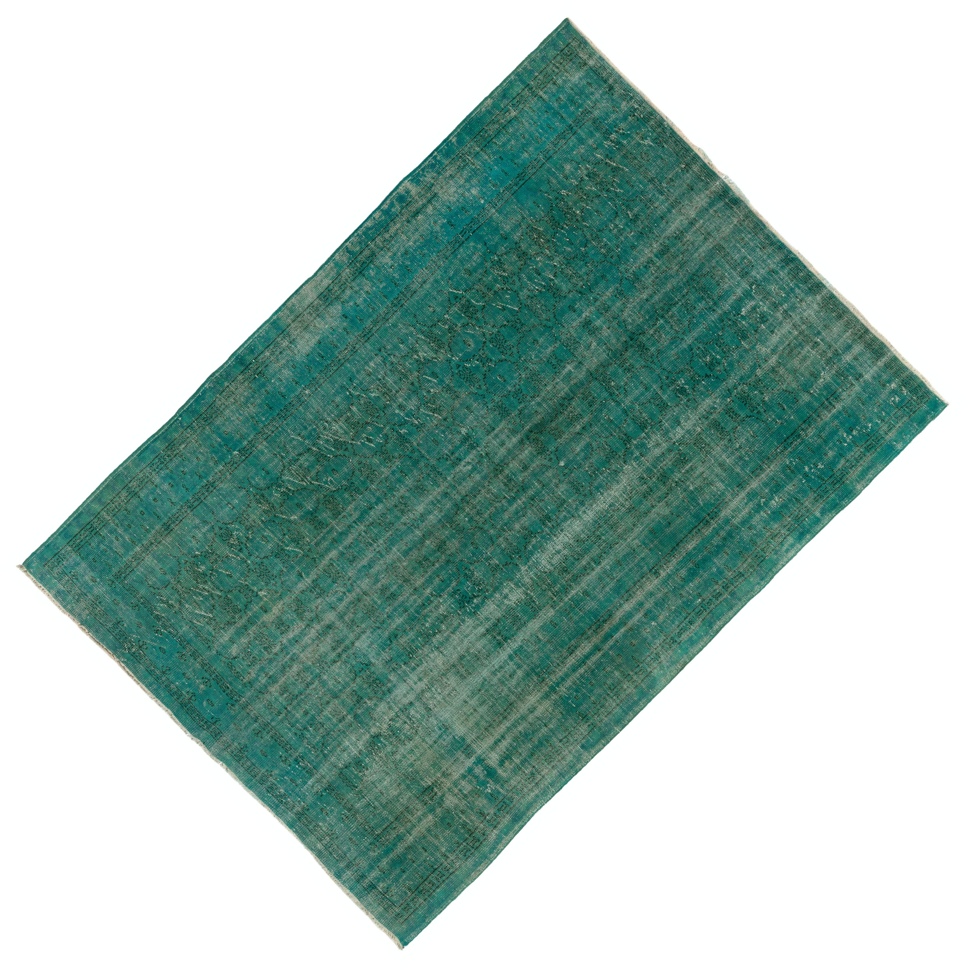 7.2x9.6 Ft Distressed Vintage Turkish Rug Re-Dyed in Teal Color for Modern Homes 1