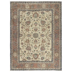 7.2x9.6 Ft Vintage Turkish Beige Rug with Floral Design. Hand-knotted in Turkey