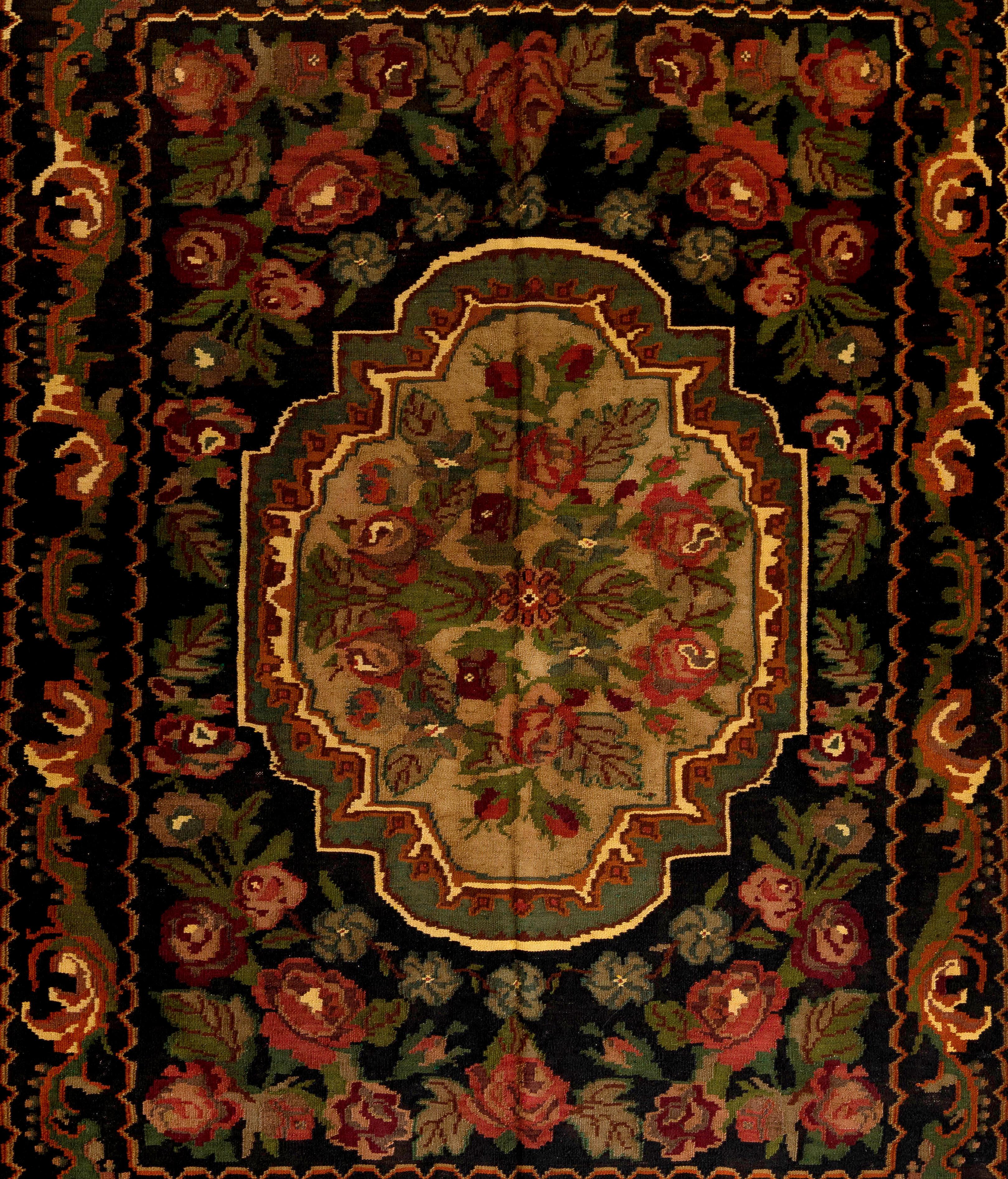 Bohemian 7.2x9.9 Ft Vintage Bessarabian Kilim. Floral Handwoven Wool Rug from Moldova