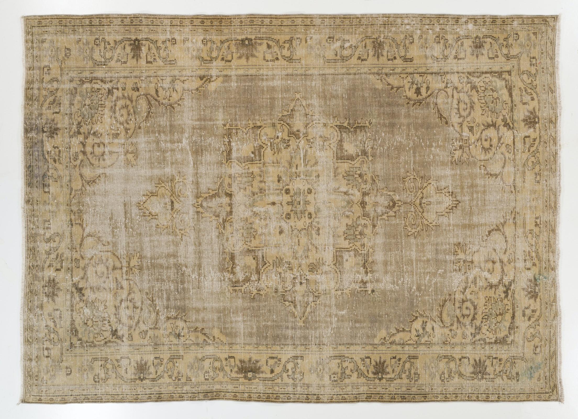 20th Century 7.2x10 Ft Vintage Distressed Hand-Knotted Turkish Oushak Rug in Sand and Taupe For Sale