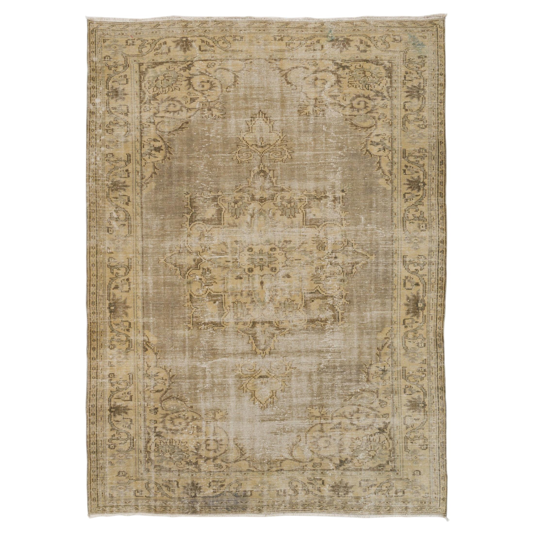 7.2x10 Ft Vintage Distressed Hand-Knotted Turkish Oushak Rug in Sand and Taupe