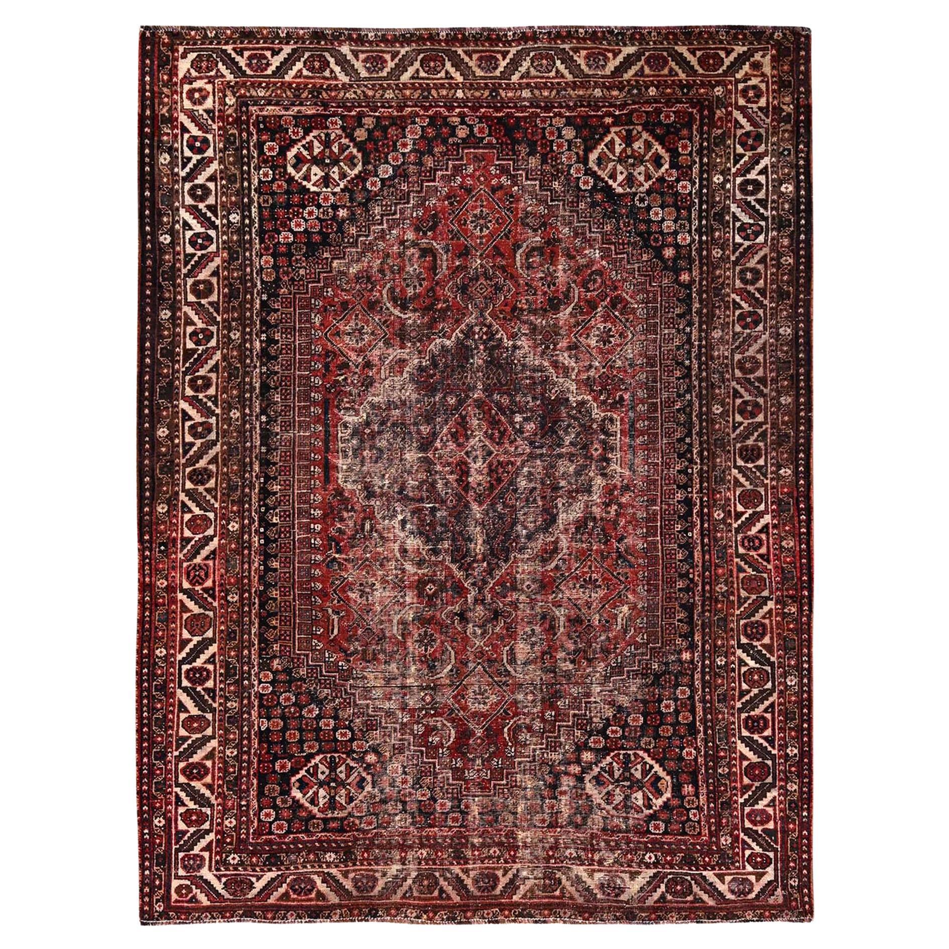 7
2"x9
8" Red Vintage Persian Shiraz with Medallion Design Hand Knotted Wool Rug