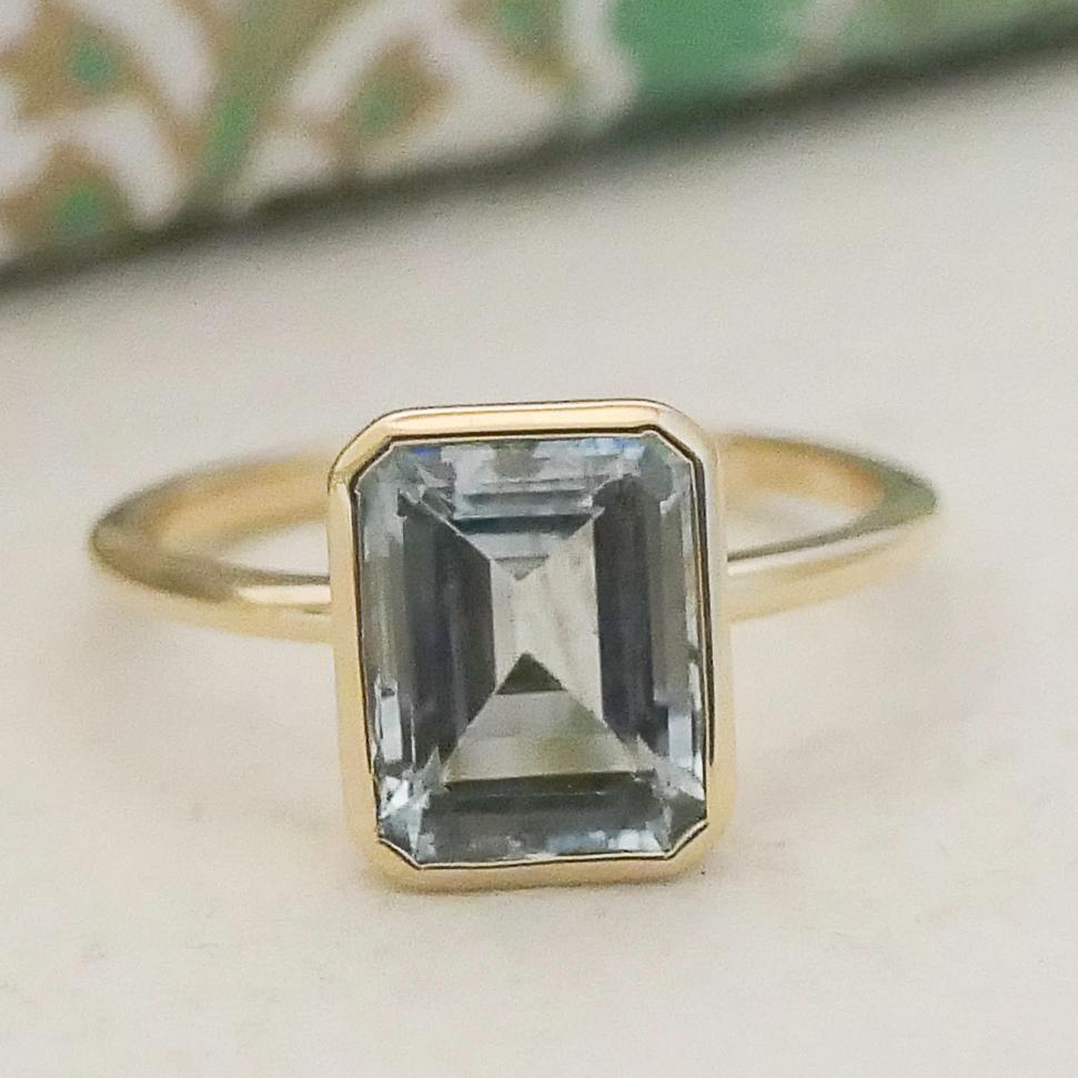 Emerald Cut 7.2x9mm Aquamarine 14kt Yellow Gold Ring - Size 7 For Sale