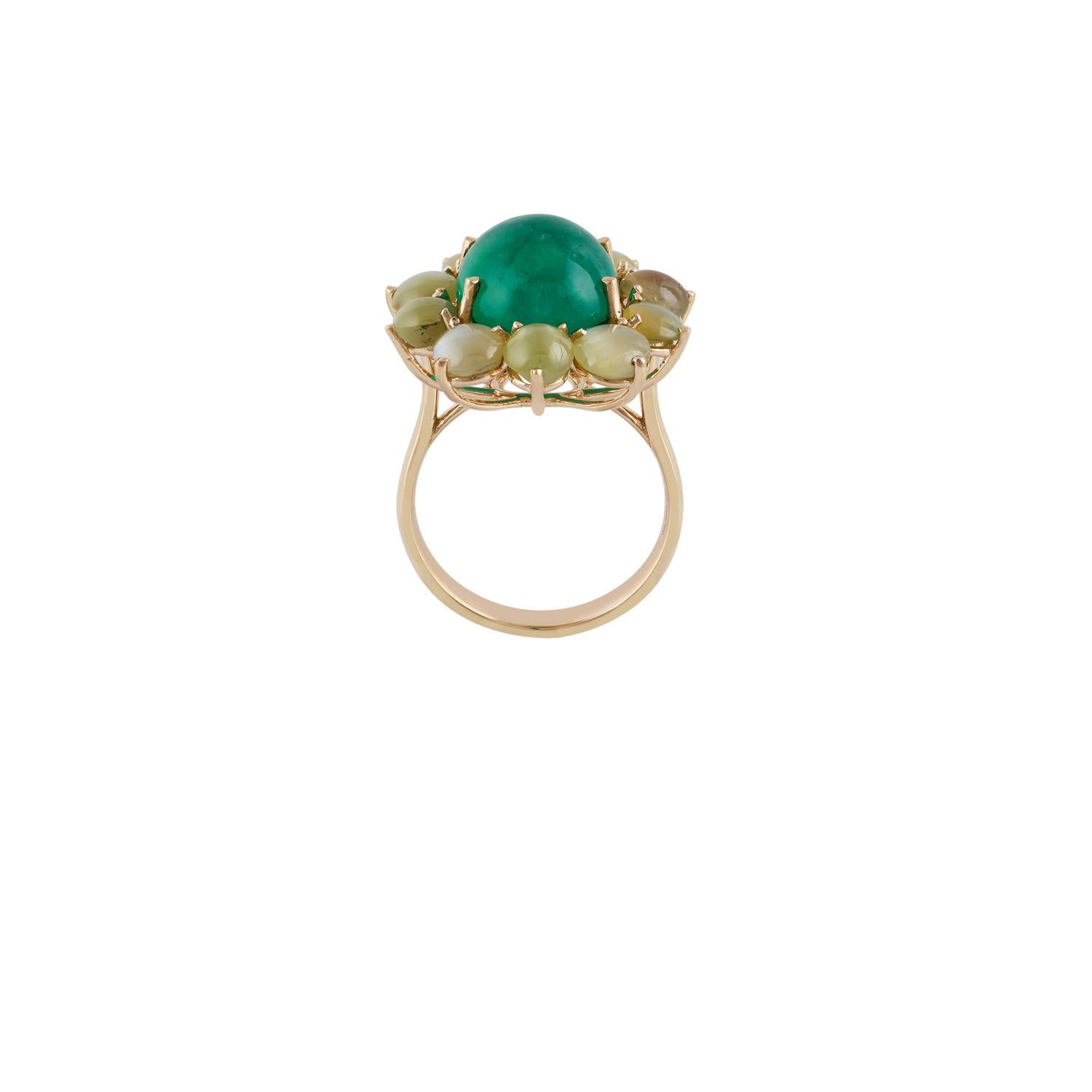 Neoclassical 7.3 Carat Cabochon Emerald  & Cats Eye Ring in 18k Yellow Gold   For Sale