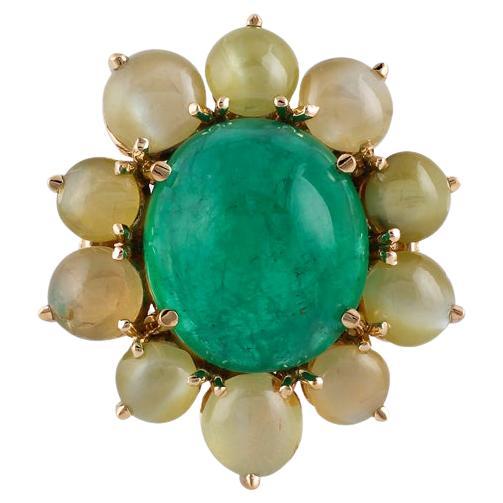 7.3 Carat Cabochon Emerald  & Cats Eye Ring in 18k Yellow Gold   For Sale