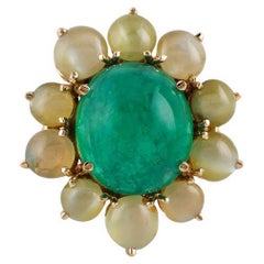 7.3 Carat Cabochon Emerald  & Cats Eye Ring in 18k Yellow Gold  