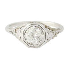 .73 Carat European Cut Diamond Art Deco Ring, 18 Karat Gold Vintage Solitaire