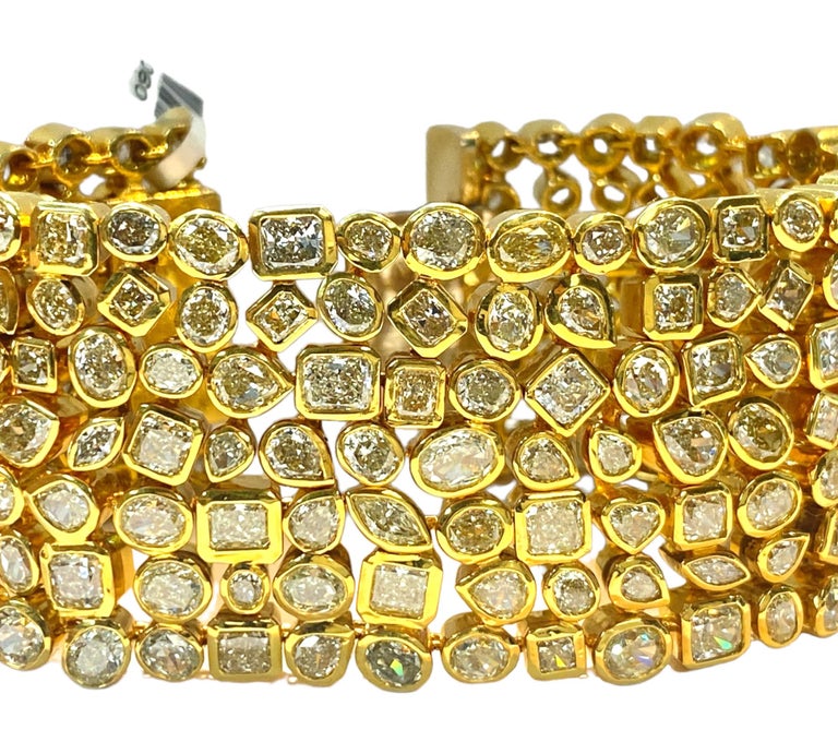 Mixed Cut 73 Carat Fancy Yellow Diamond 18K Yellow Gold Bracelet For Sale