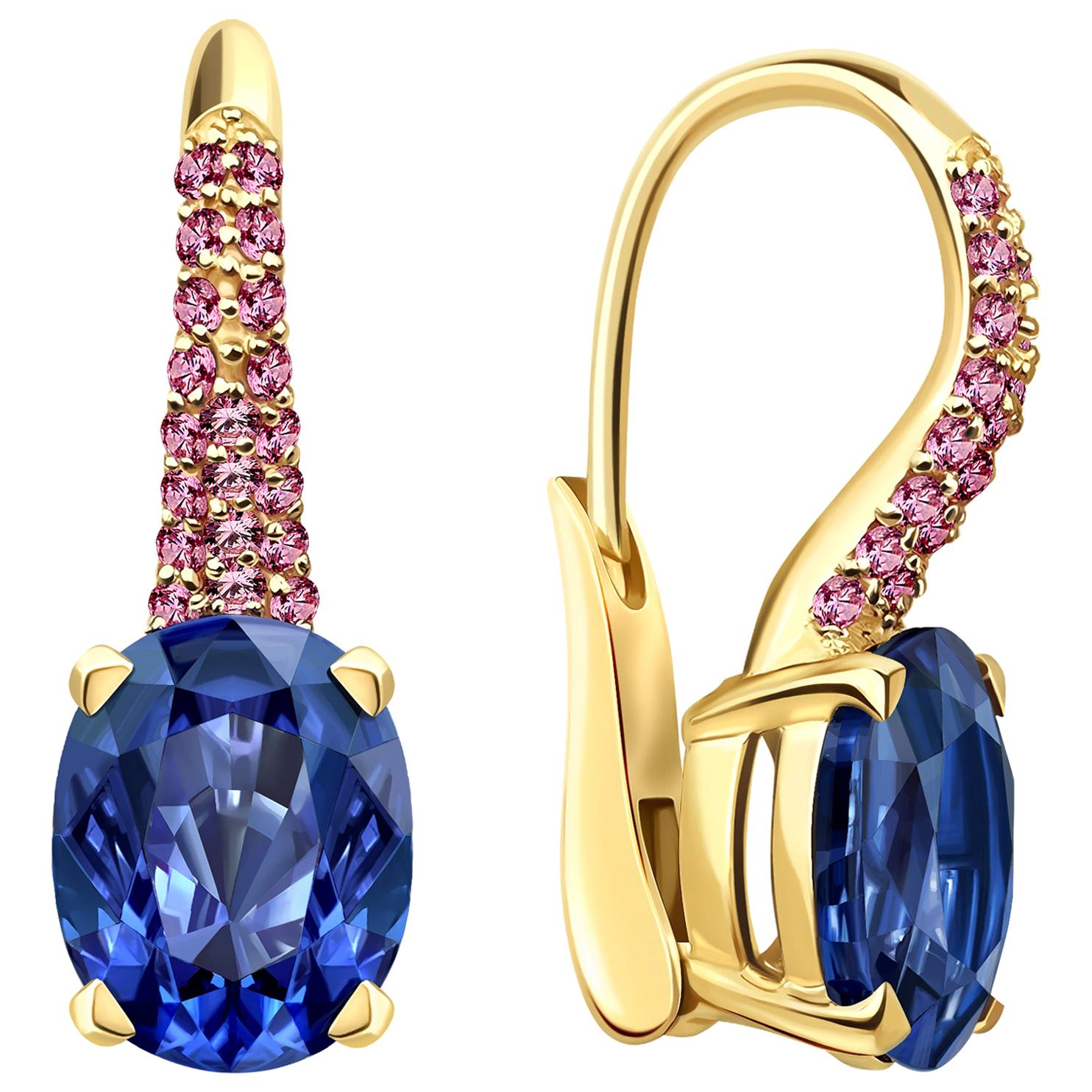 7.3 Carat Natural Cornflower Blue and Pink Sapphires 18 Karat Gold Earrings For Sale