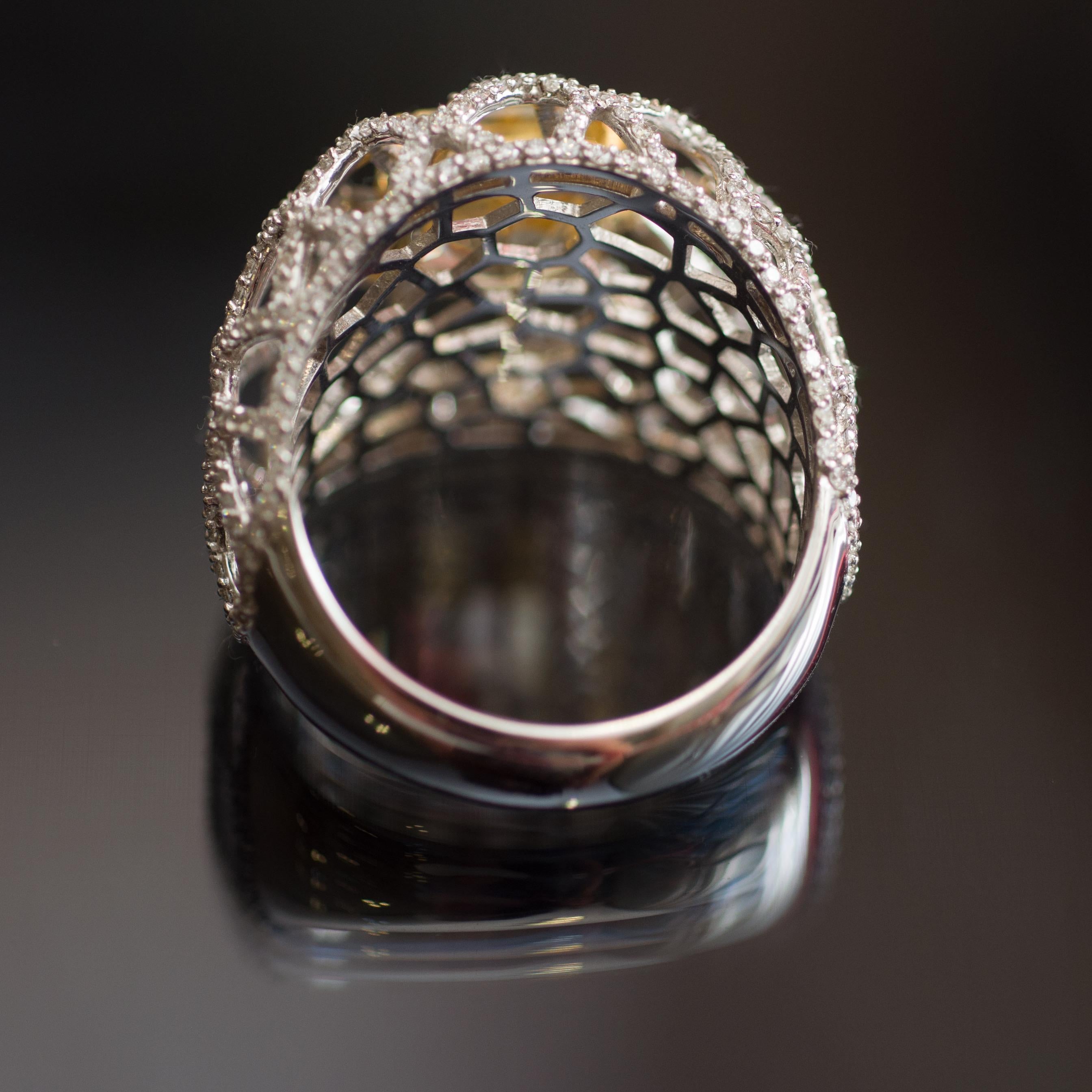 Octagon Cut 4, 57 Carat Natural Yellow Sapphire Diamonds 18 Karat White Gold Cocktail Ring