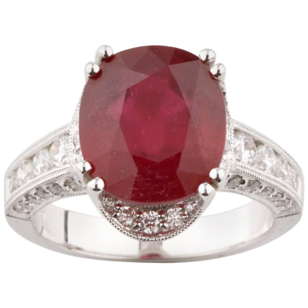 7.3 Carat Oval Ruby Solitaire Ring in White Gold with Diamond Accents For Sale