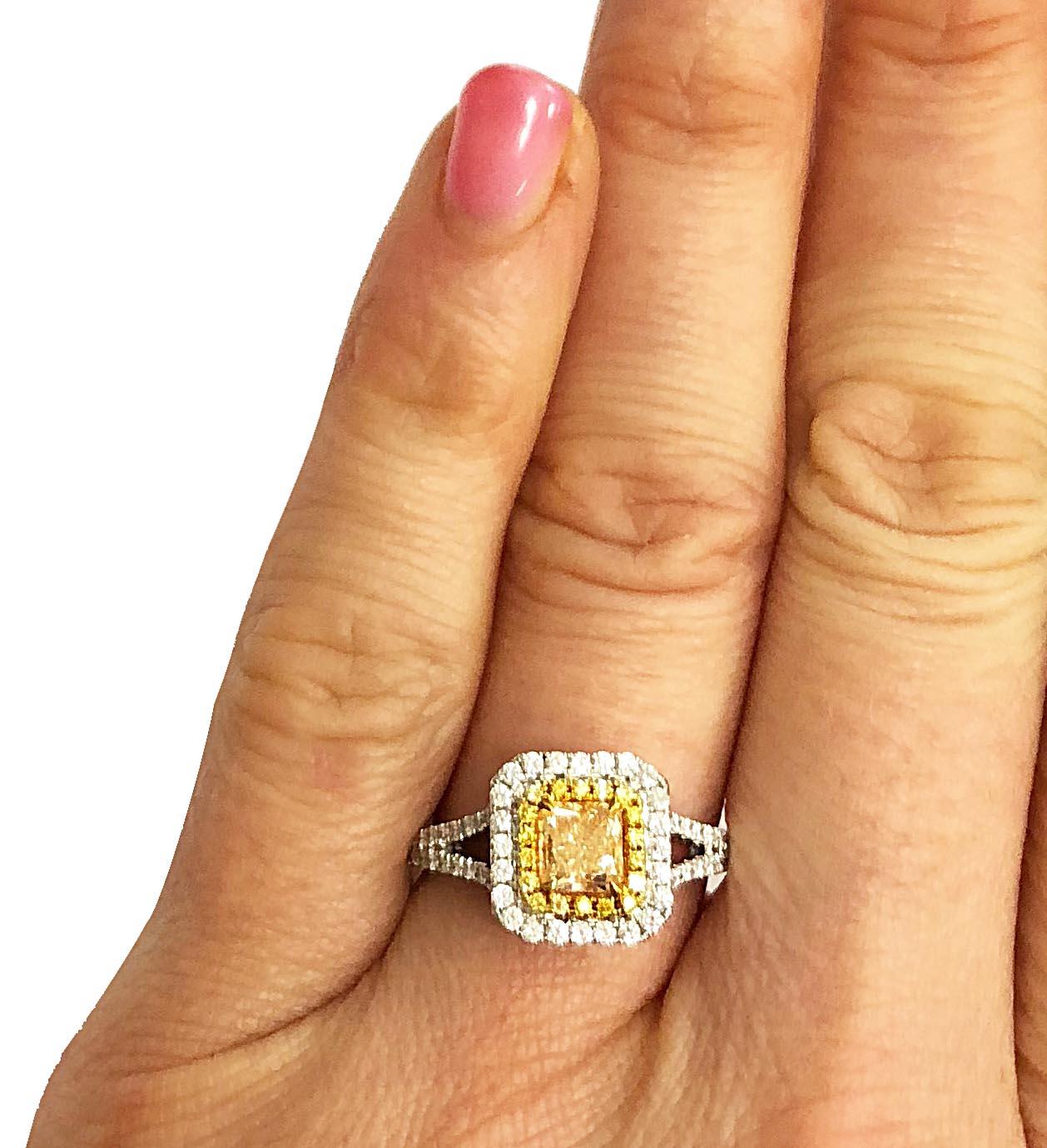 Women's or Men's .73 Carat Radiant Cut Yellow Diamond Engagement Ring, 18 Karat White Gold