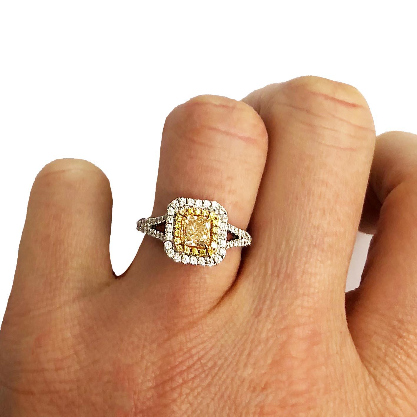 .73 Carat Radiant Cut Yellow Diamond Engagement Ring, 18 Karat White Gold 1