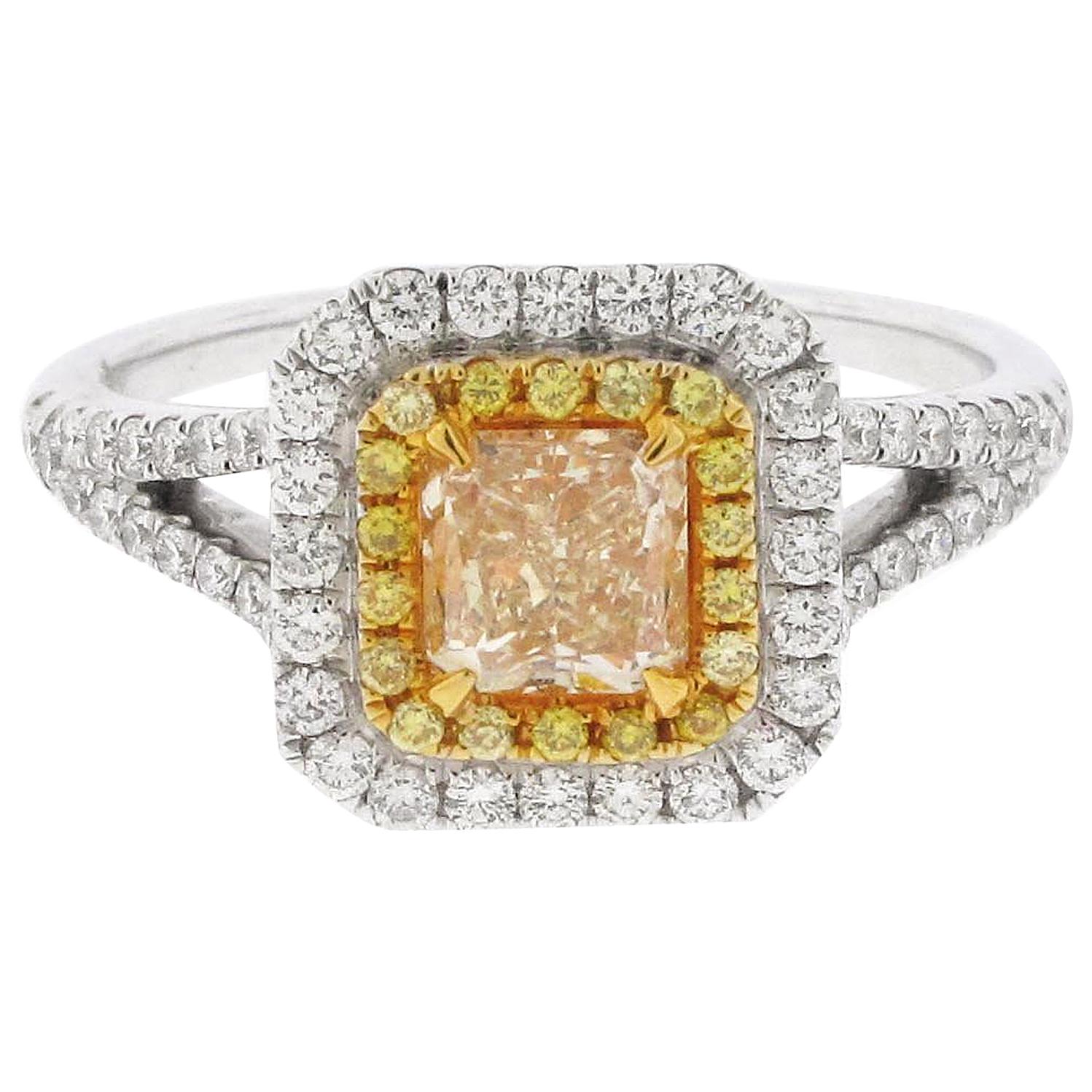 .73 Carat Radiant Cut Yellow Diamond Engagement Ring, 18 Karat White Gold