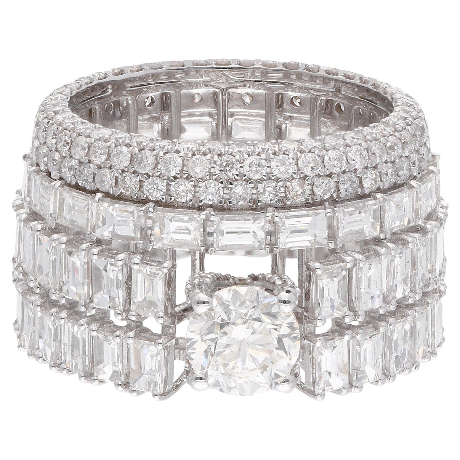 7.3 Carat SI Clarity HI Color Round Emerald Cut Diamond Ring 18 Karat White Gold