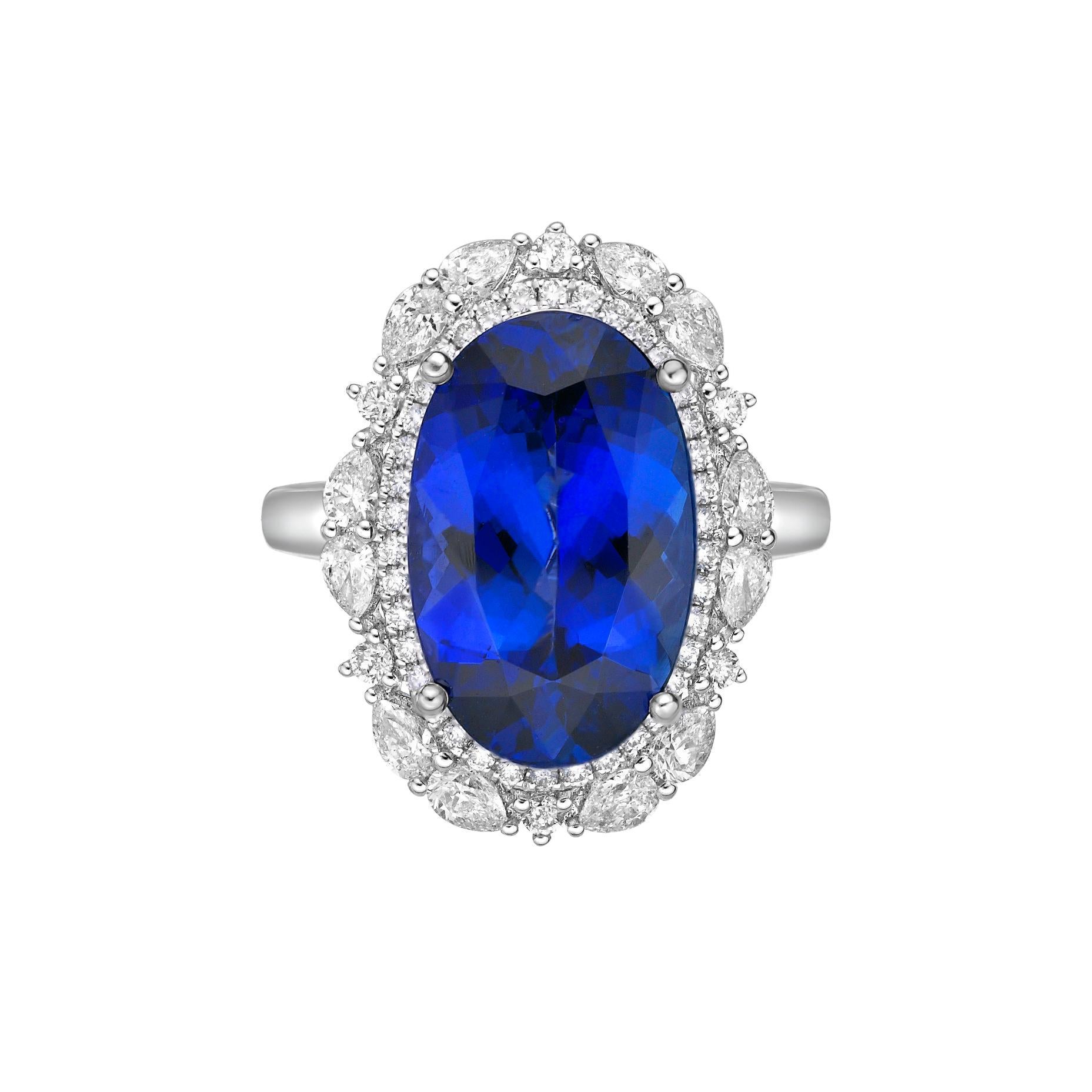 Oval Cut 7.3 Carat Tanzanite and White Diamond Ring in 18 Karat White Gold For Sale
