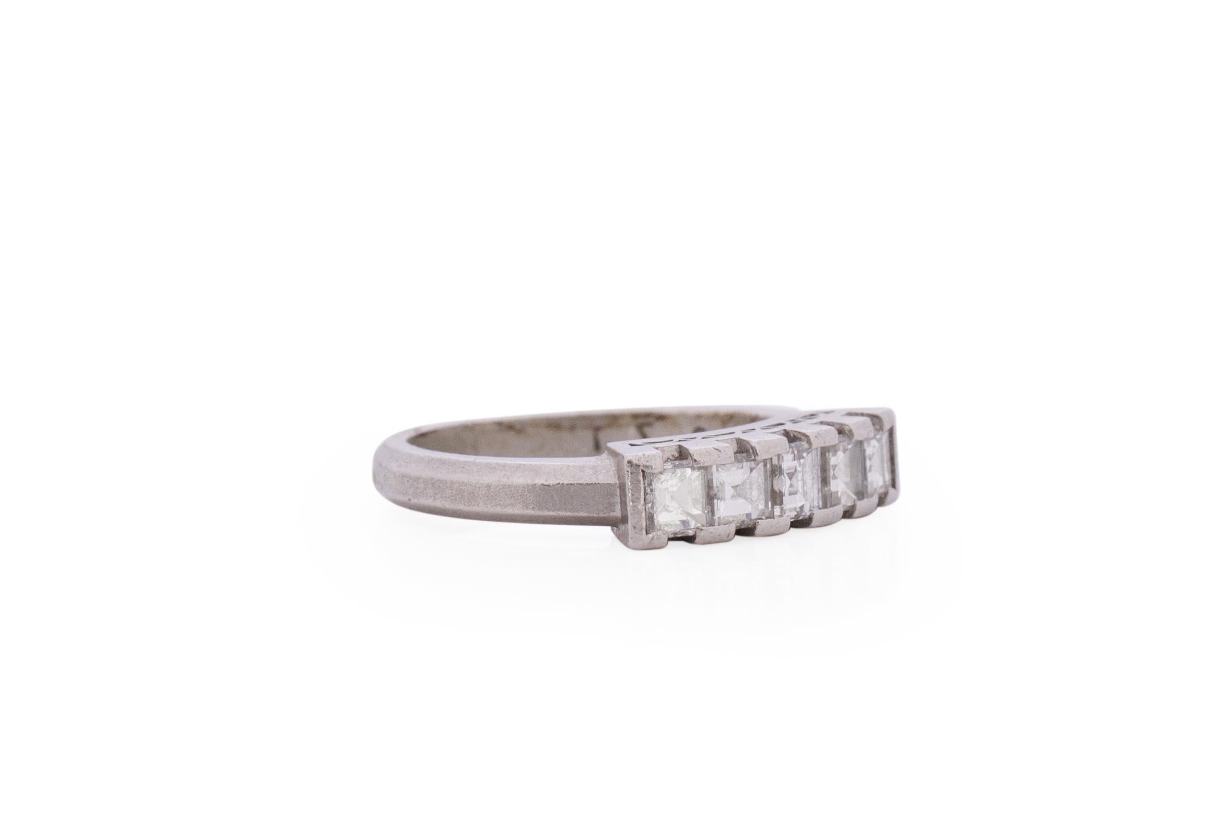 Item Details: 
Ring Size: 4.5
Metal Type: Platinum [Hallmarked, and Tested]
Weight: 3.0 grams

Diamond Details:
Weight: .73 carat total weight
Cut: Carre Cut
Color: F
Clarity: VS

Finger to Top of Stone Measurement: 5mm
Condition: Excellent