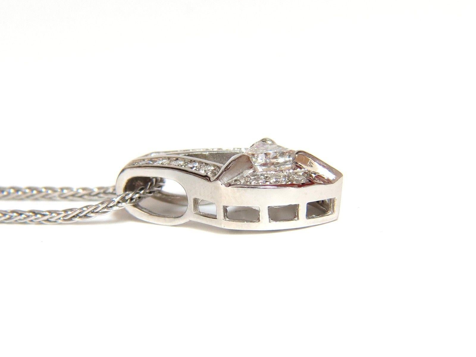 Women's or Men's .73 Carat Trilliant Diamond Pendant 14 Karat Weave Chain Raised Shield Deco