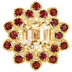 4, 57 Carat Yellow Sapphire Red Spinel 18 Karat Yellow Gold Flower Cocktail Ring