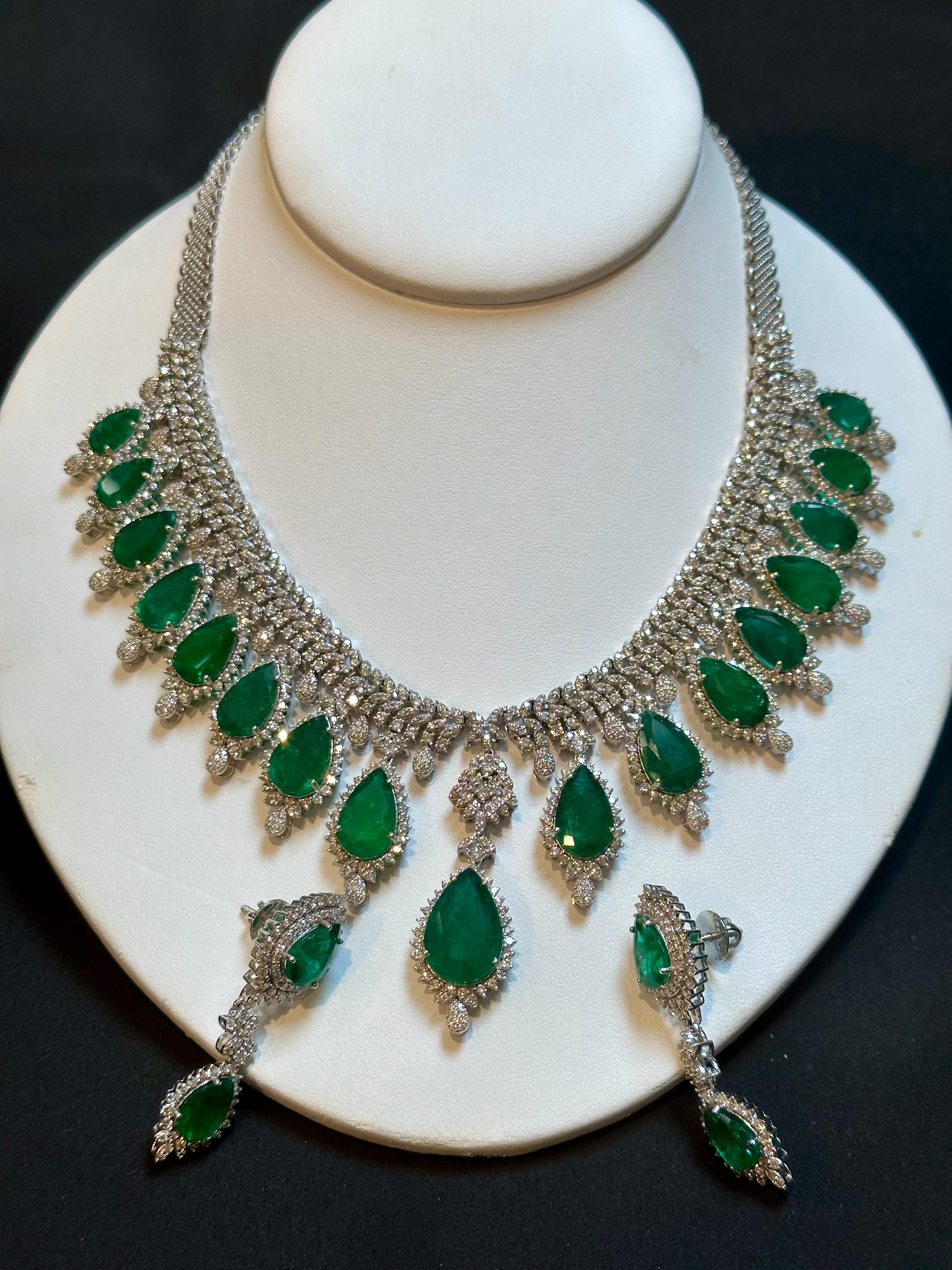 73ct Zambian Emerald and 22ct Diamond Necklace and Earring Bridal Suite For Sale 2