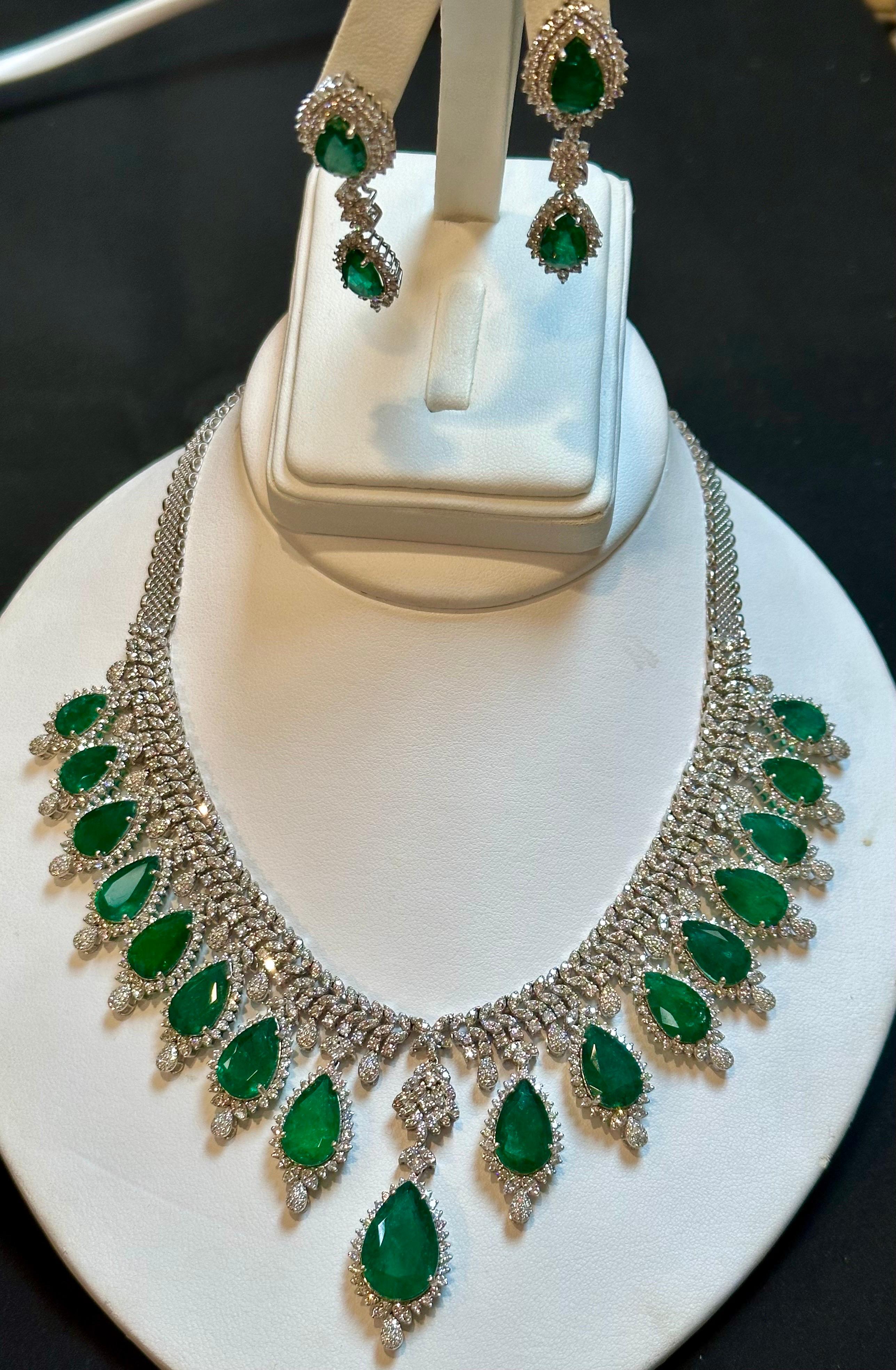 73ct Zambian Emerald and 22ct Diamond Necklace and Earring Bridal Suite For Sale 3
