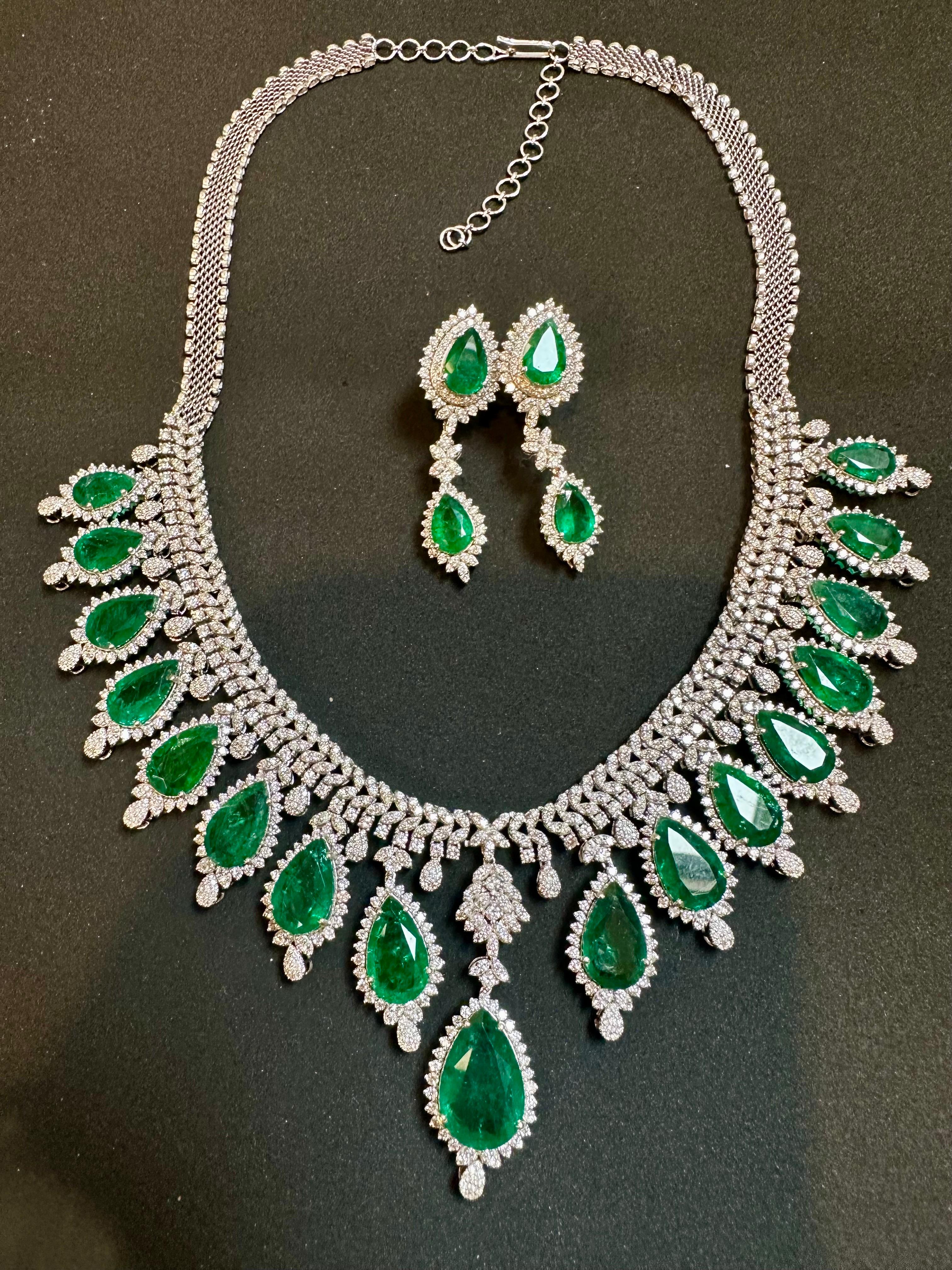 73ct Zambian Emerald and 22ct Diamond Necklace and Earring Bridal Suite For Sale 4