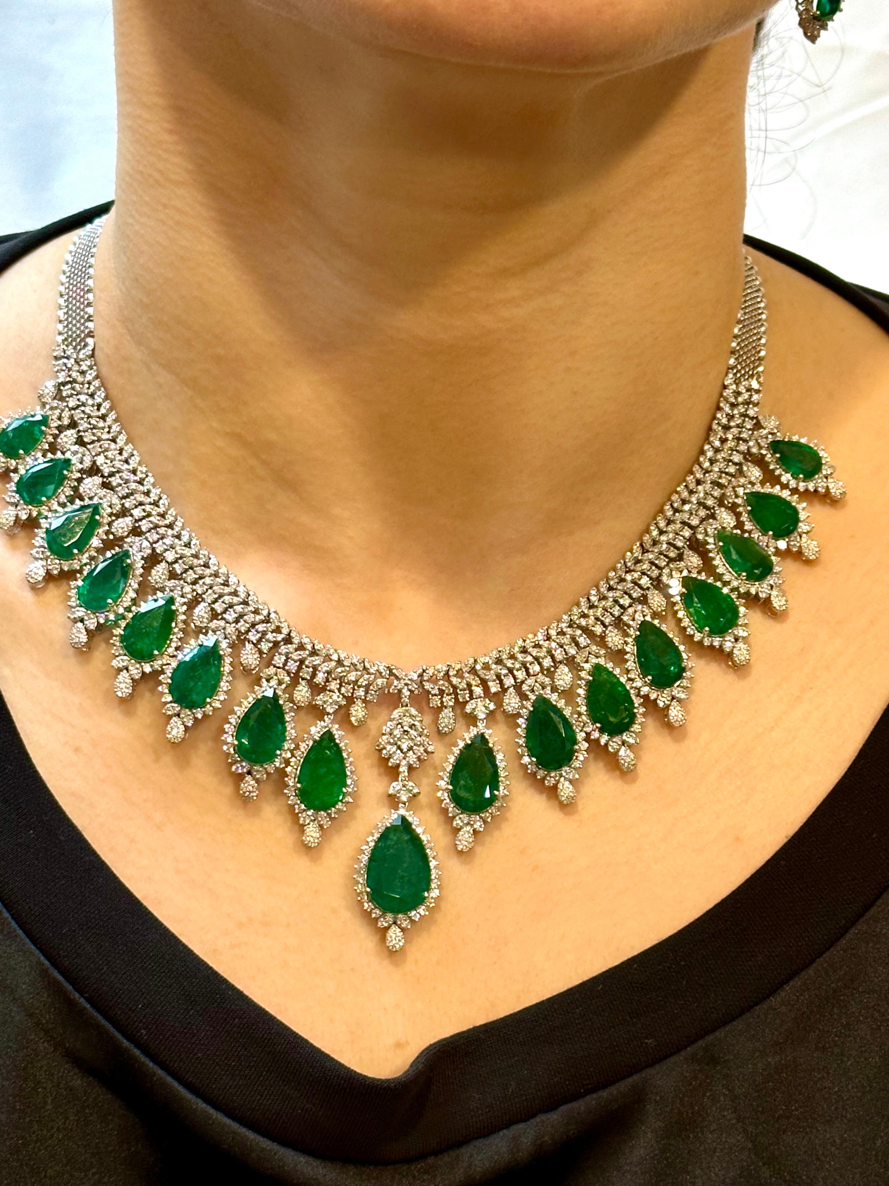 GIA Certified 73ct Zambian Emerald & 22ct Diamond Necklace  Earring Bridal Suite For Sale 6