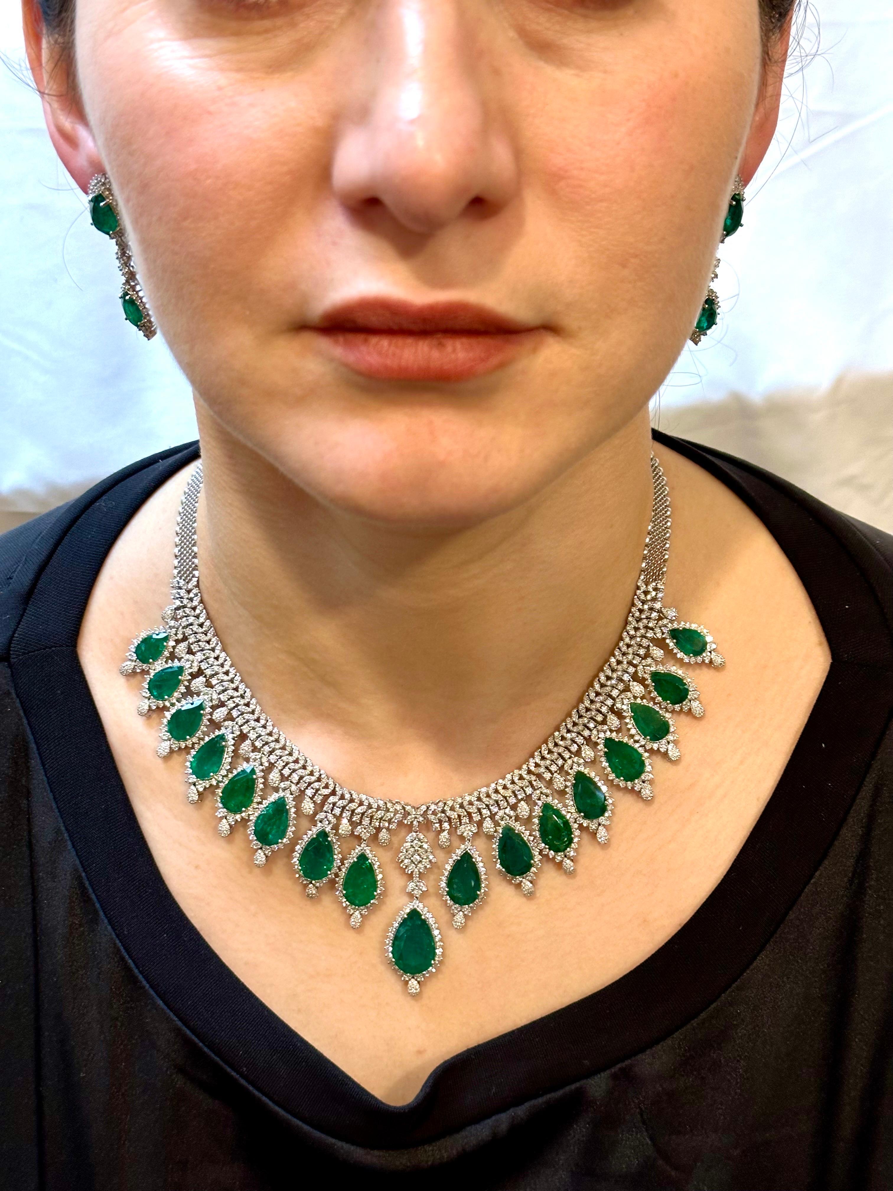73ct Zambian Emerald and 22ct Diamond Necklace and Earring Bridal Suite For Sale 7
