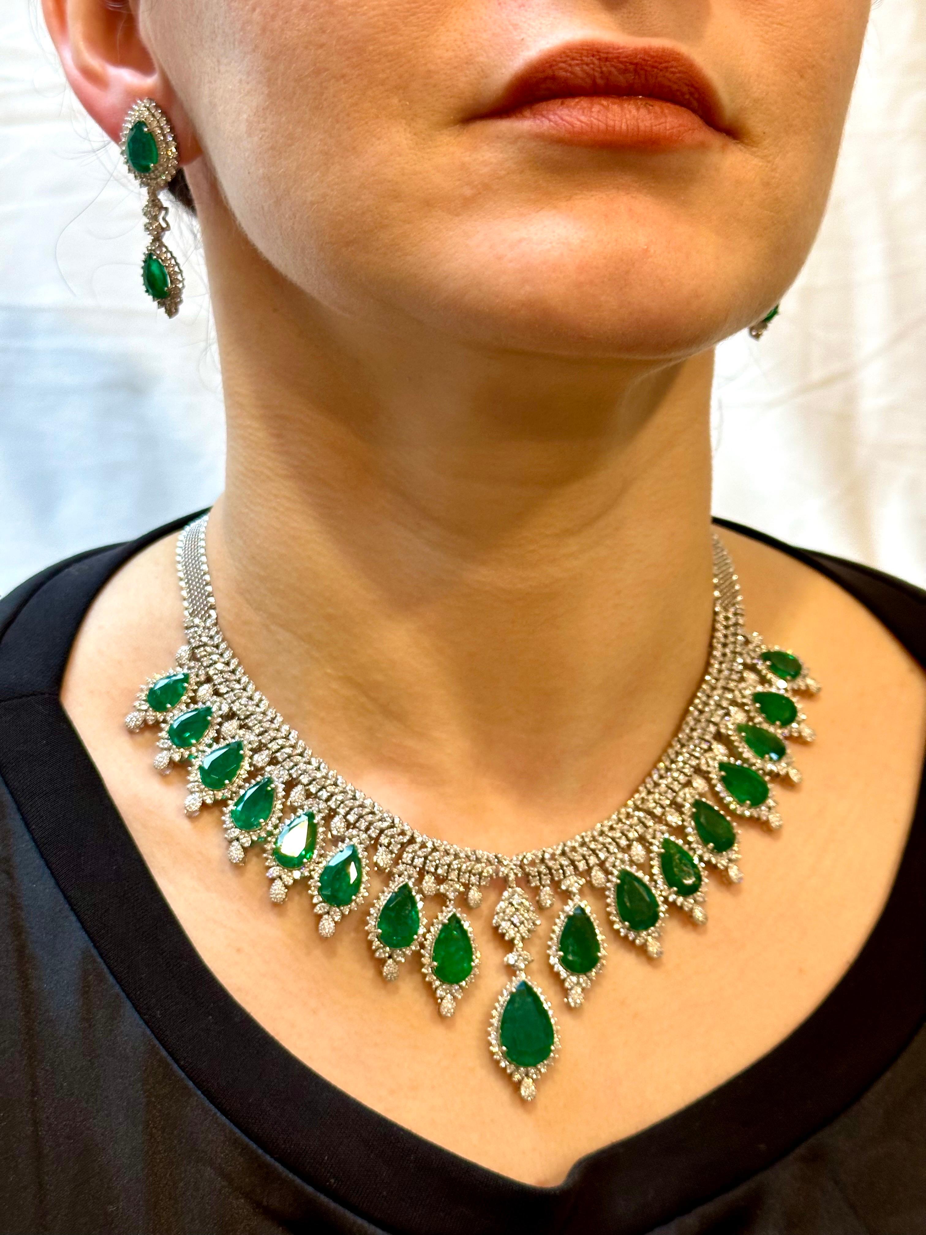 GIA Certified 73ct Zambian Emerald & 22ct Diamond Necklace  Earring Bridal Suite For Sale 8