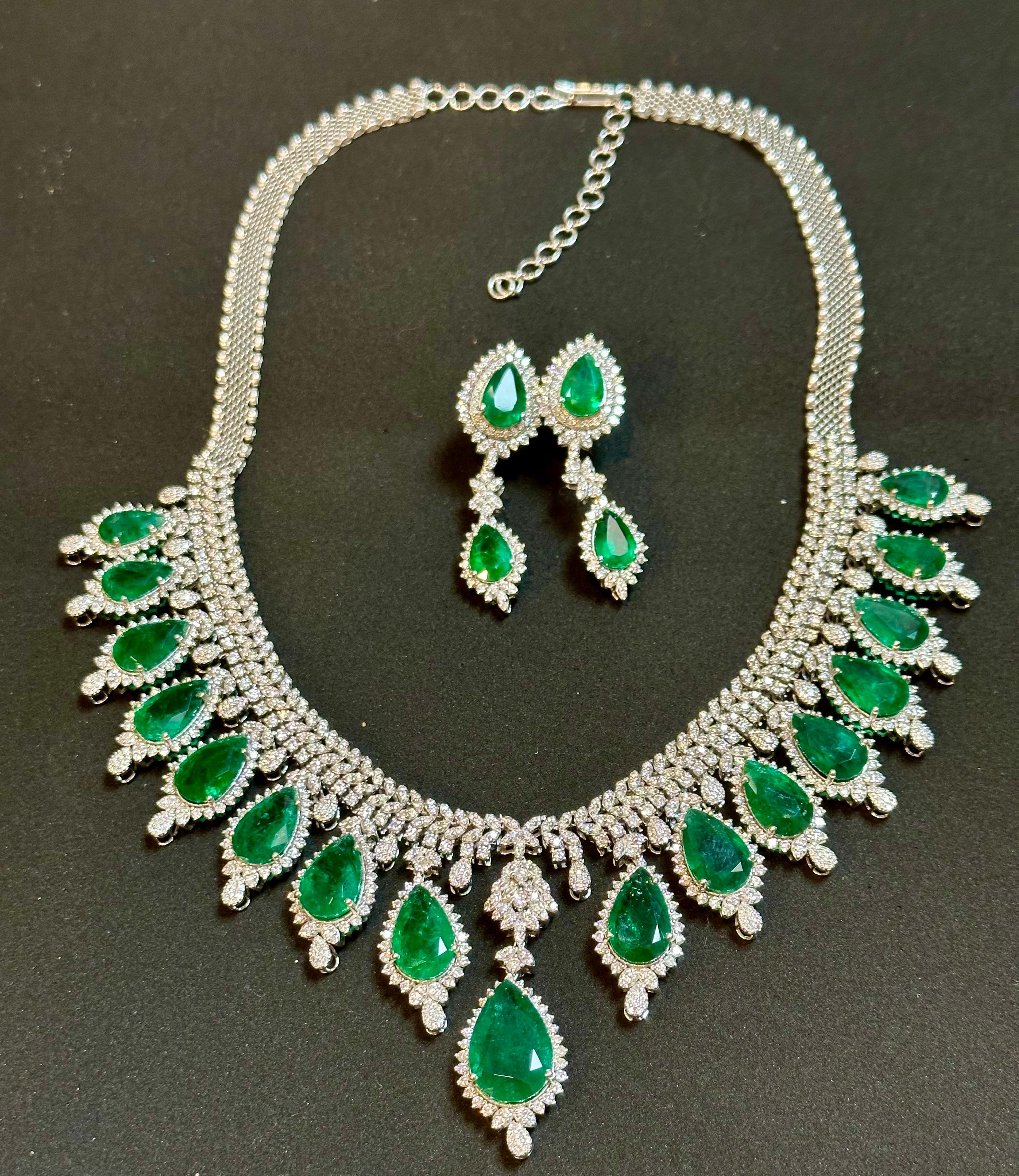 Pear Cut 73ct Zambian Emerald and 22ct Diamond Necklace and Earring Bridal Suite For Sale