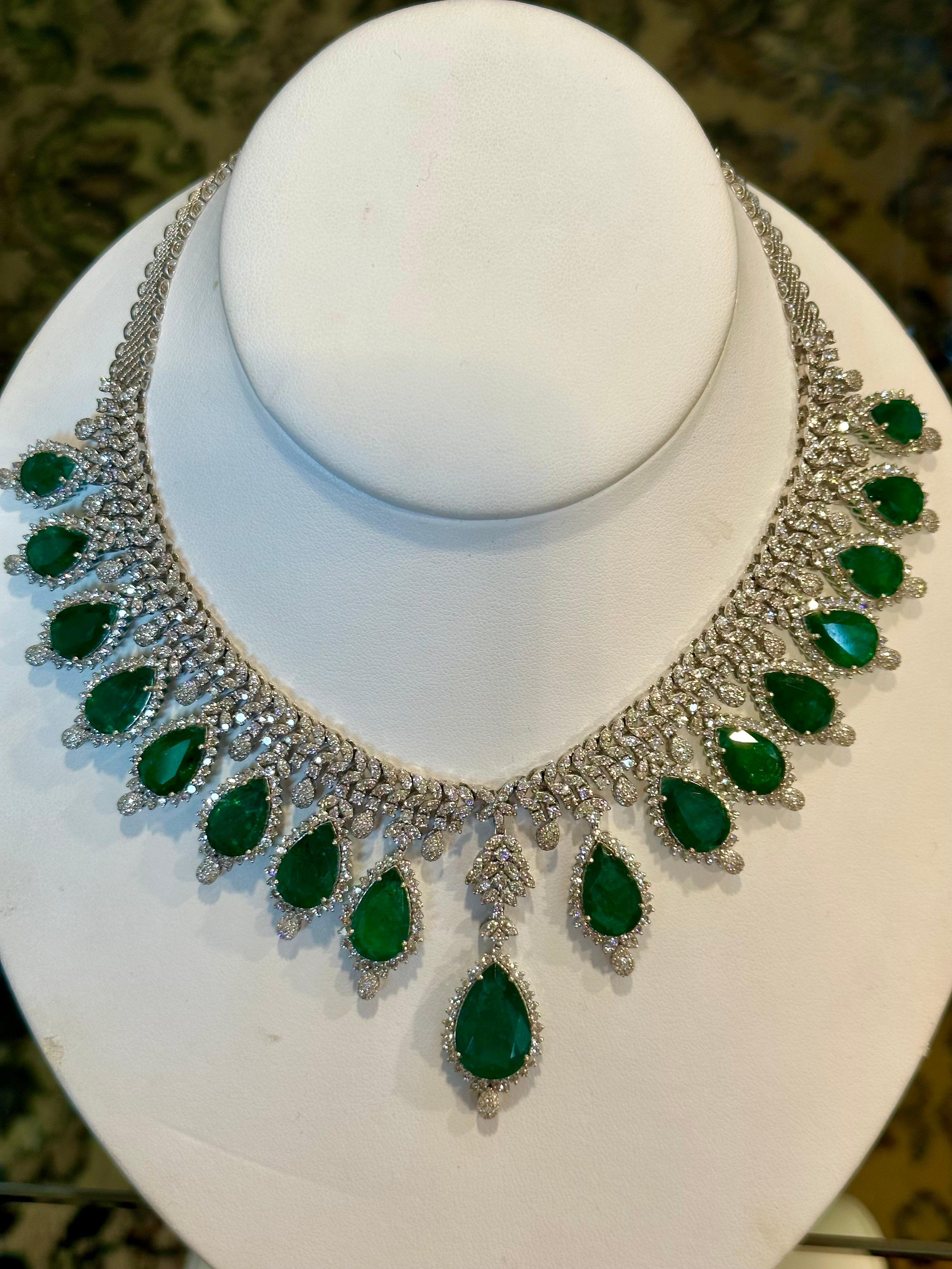73ct Zambian Emerald and 22ct Diamond Necklace and Earring Bridal Suite In Excellent Condition For Sale In New York, NY