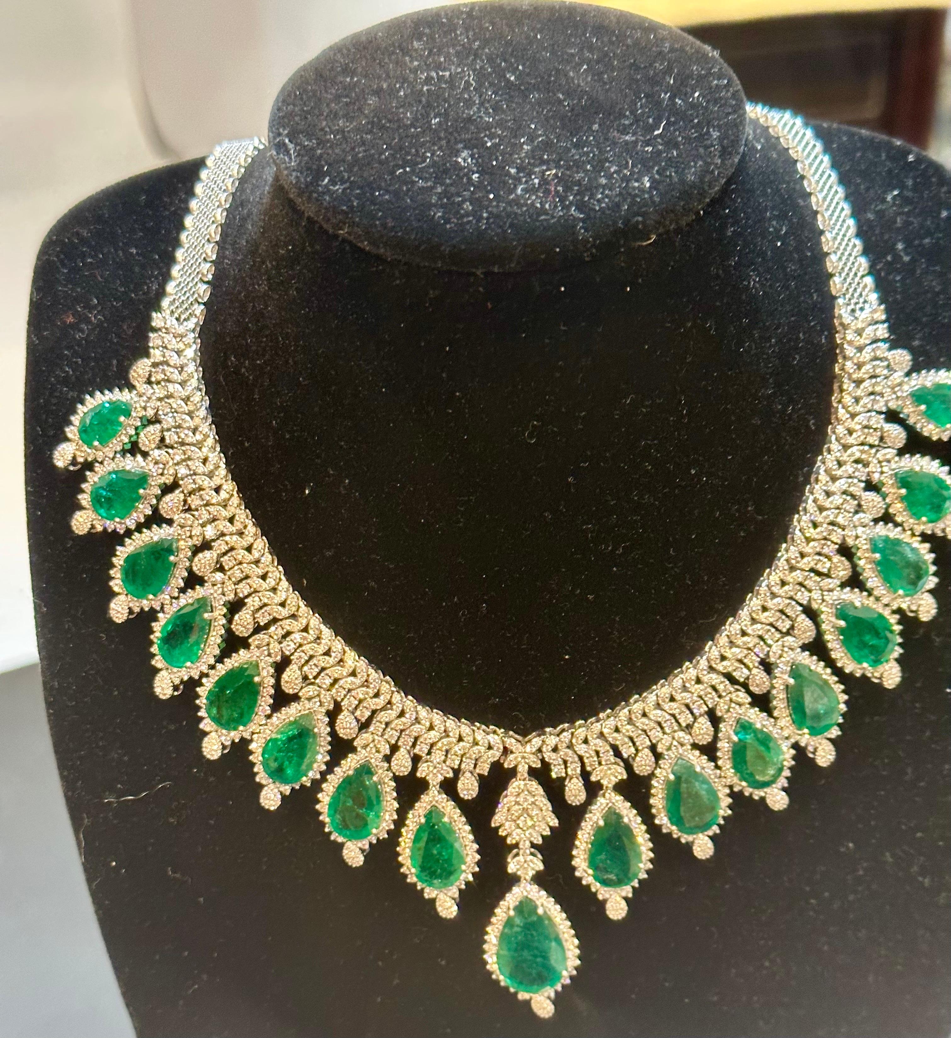 Women's 73ct Zambian Emerald and 22ct Diamond Necklace and Earring Bridal Suite For Sale