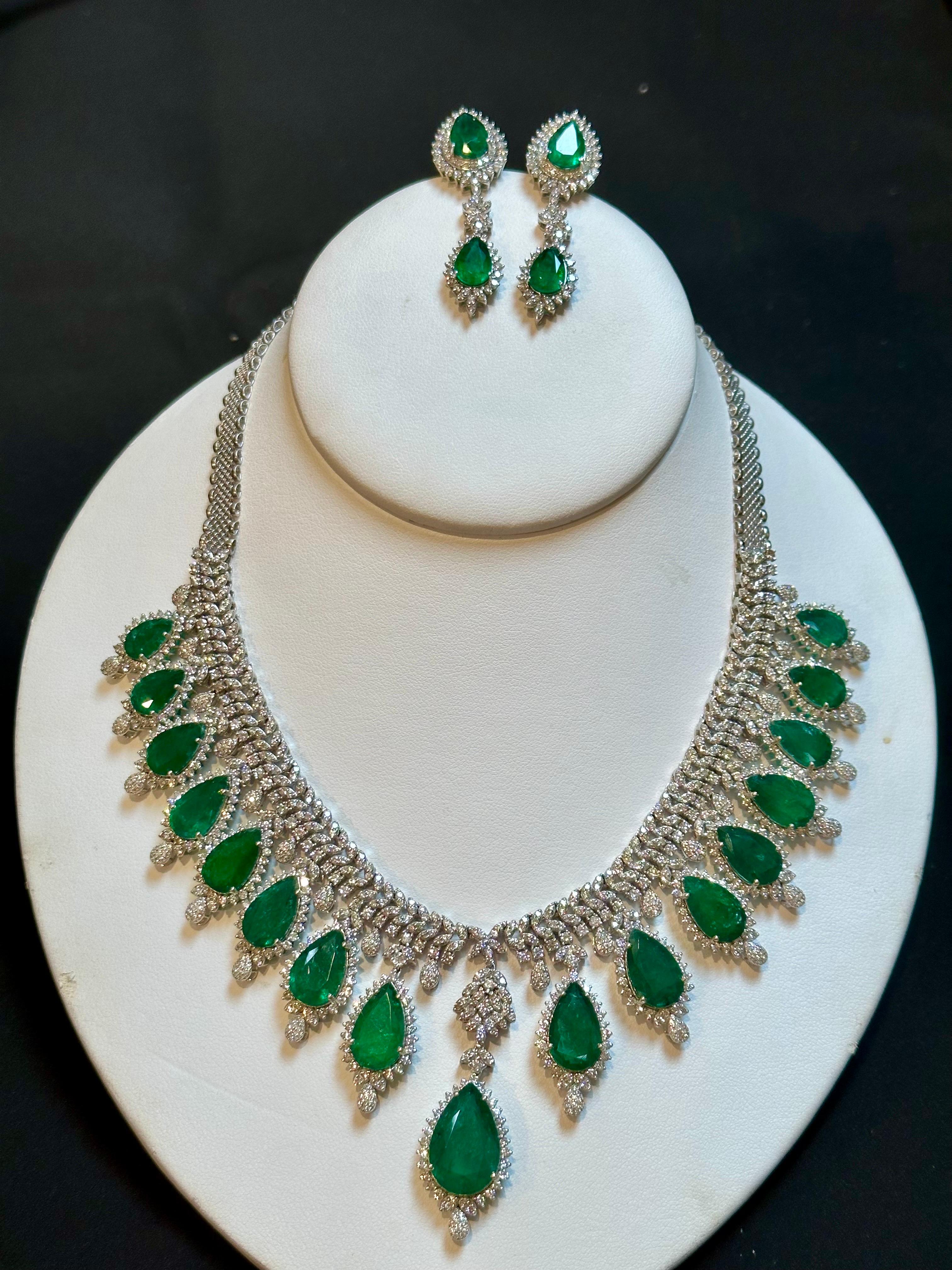 73ct Zambian Emerald and 22ct Diamond Necklace and Earring Bridal Suite For Sale 1