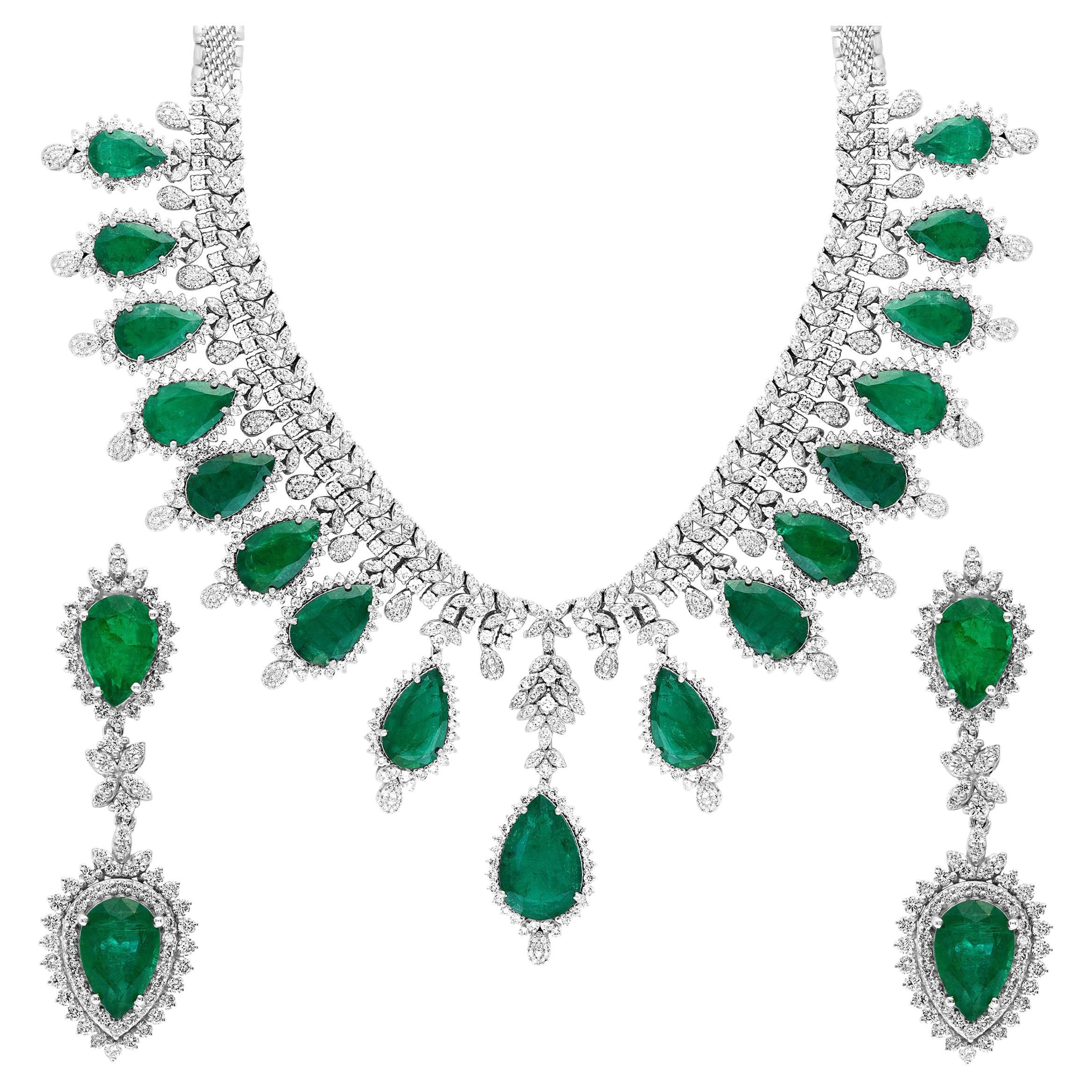 73ct Zambian Emerald and 22ct Diamond Necklace and Earring Bridal Suite